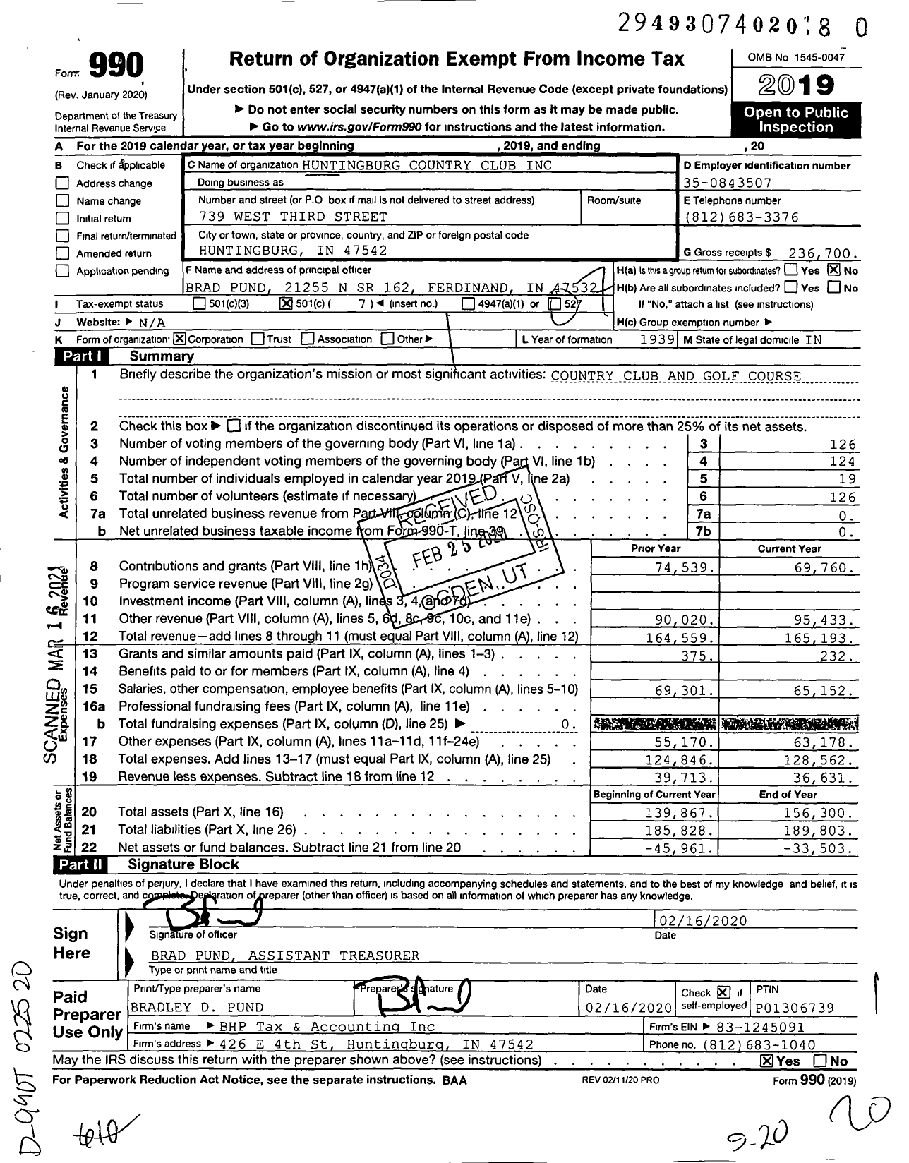 Image of first page of 2019 Form 990O for Huntingburg Country Club