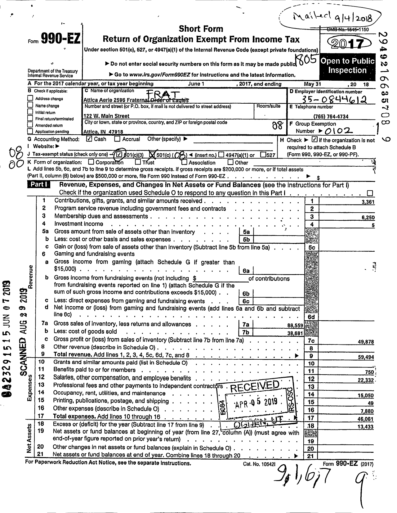 Image of first page of 2017 Form 990EO for Fraternal Order of Eagles - 2596 Aerie