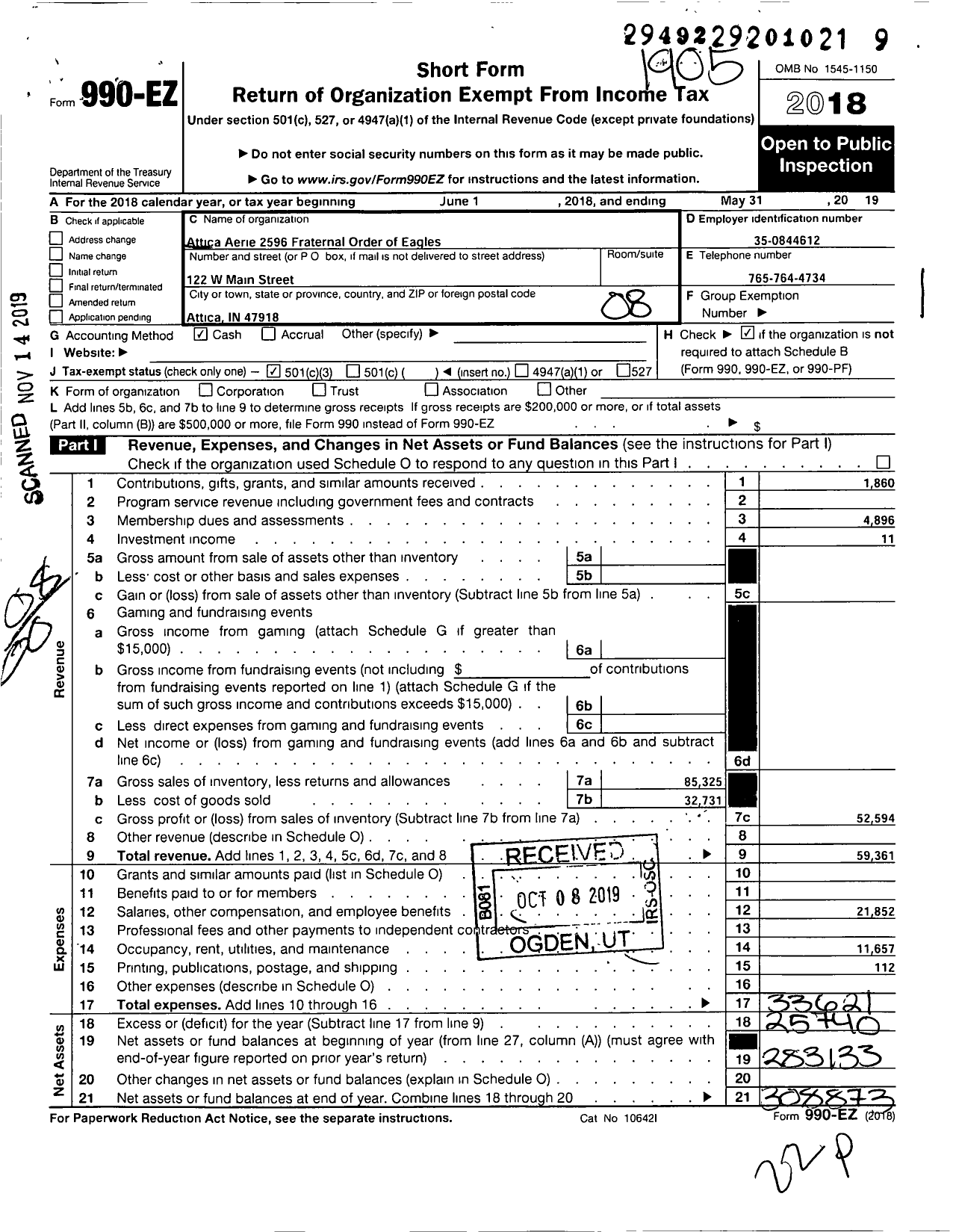 Image of first page of 2018 Form 990EO for Fraternal Order of Eagles - 2596 Aerie