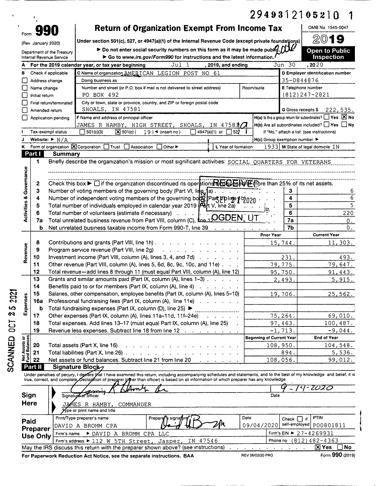 Image of first page of 2019 Form 990O for American Legion - 0061 Hanson Post