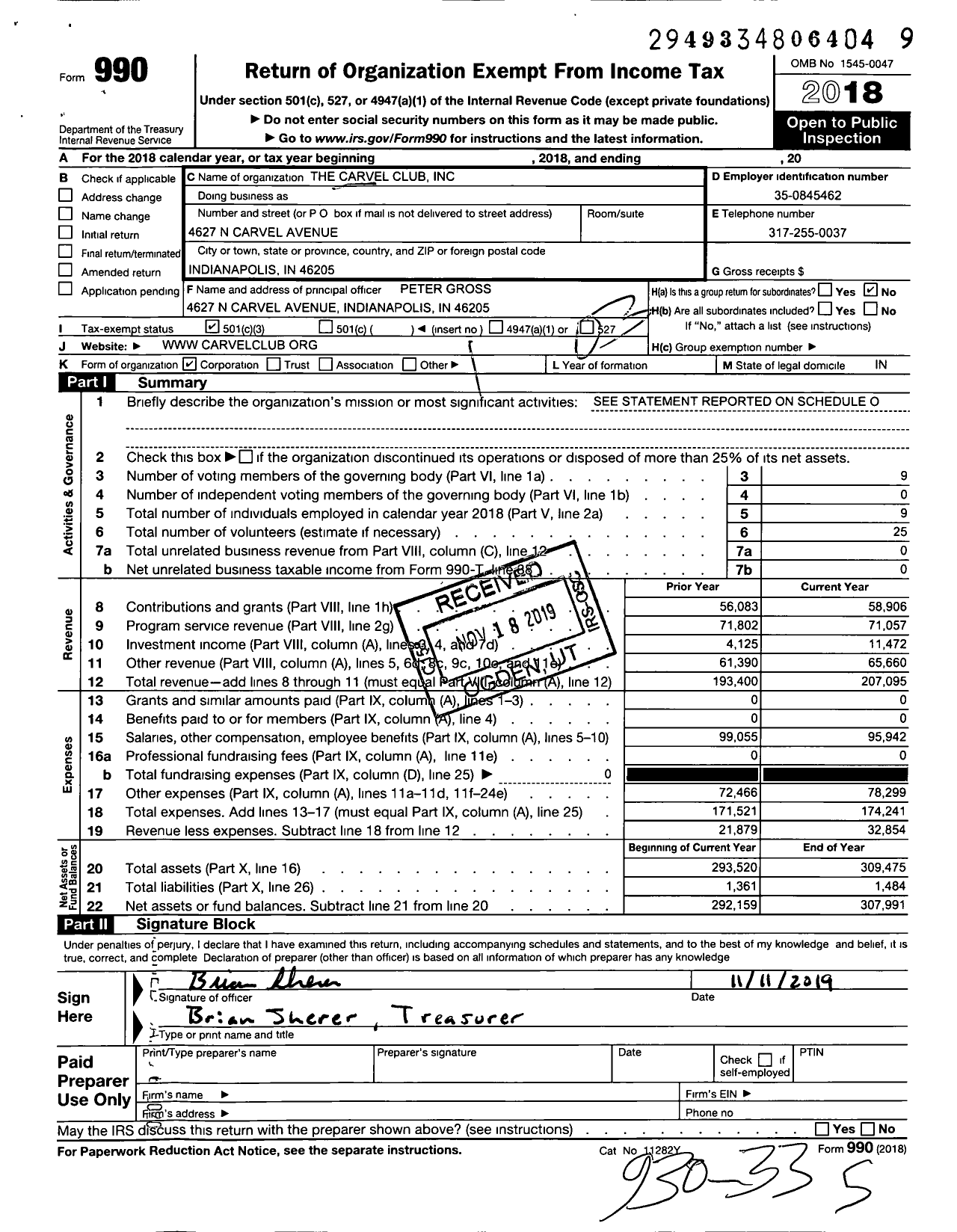 Image of first page of 2018 Form 990 for The Carvel Club