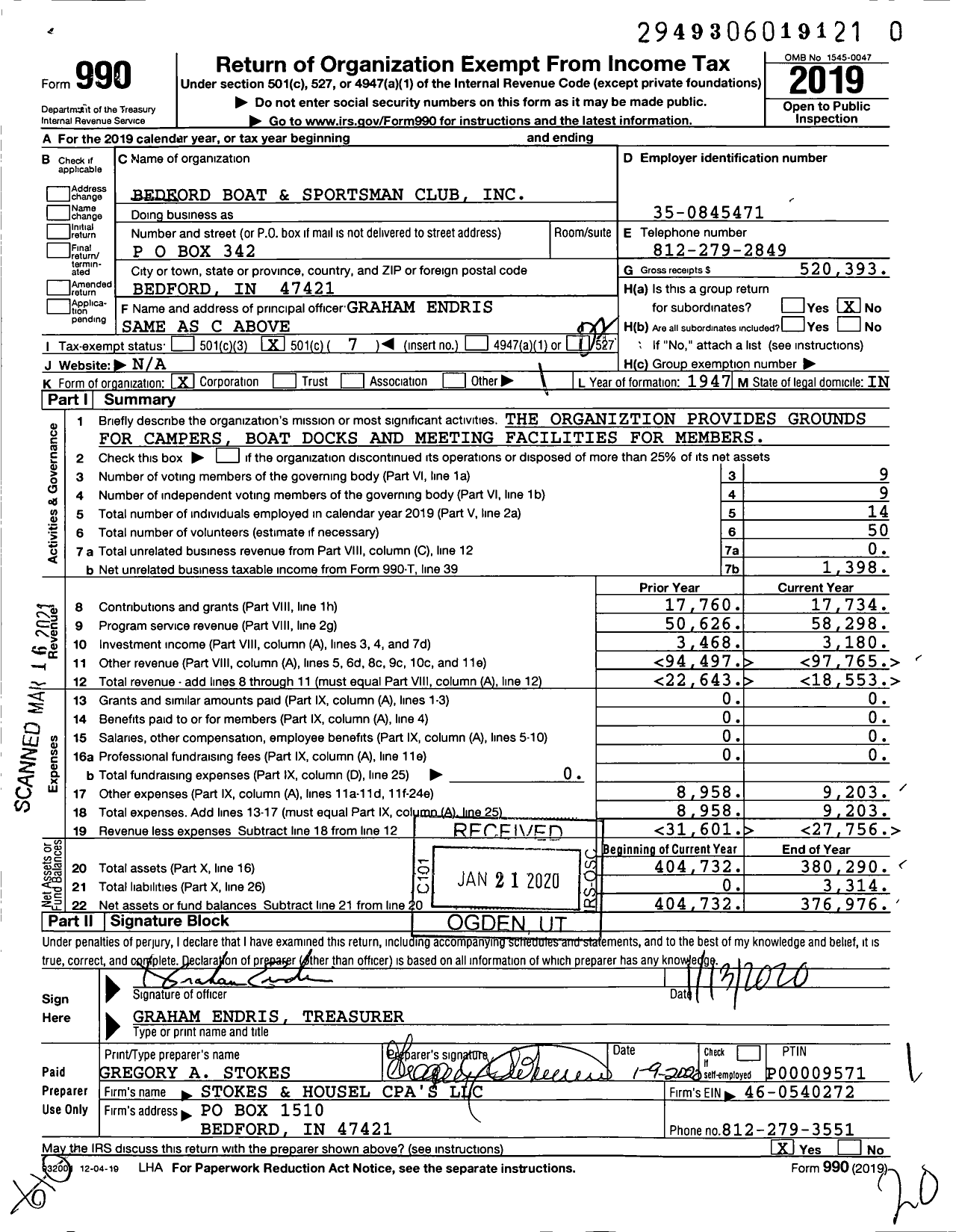 Image of first page of 2019 Form 990O for Bedford Boat and Sportsman Club