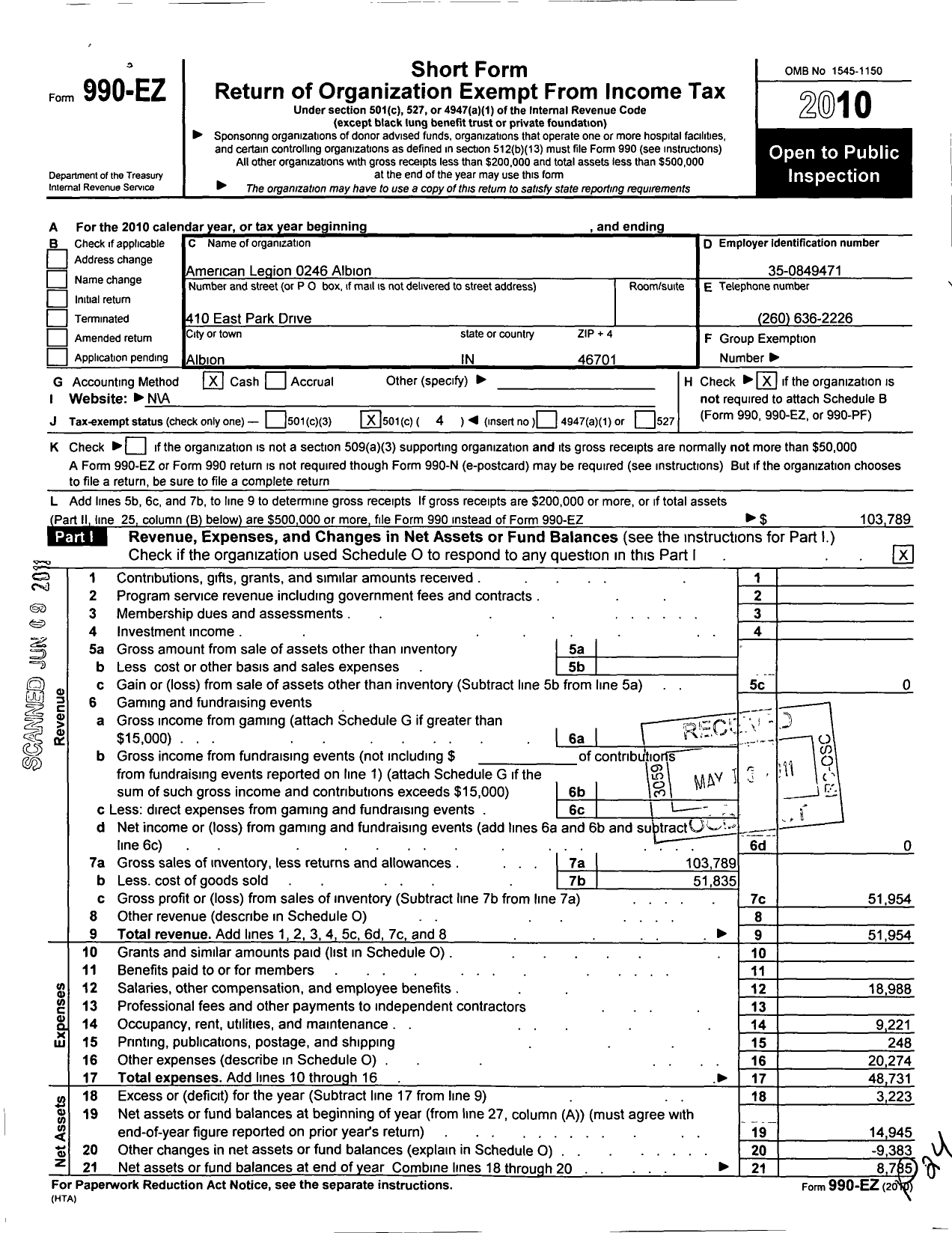 Image of first page of 2010 Form 990EO for Albion American Legion Post 246