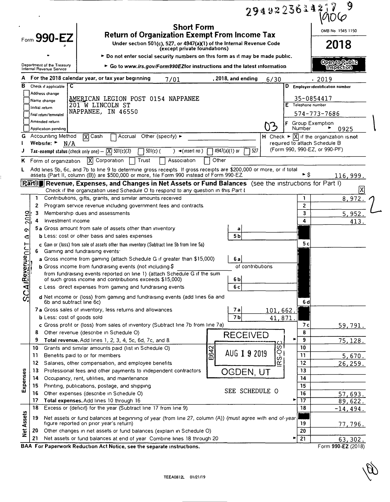 Image of first page of 2018 Form 990EZ for American Legion Post 0154 Nappanee