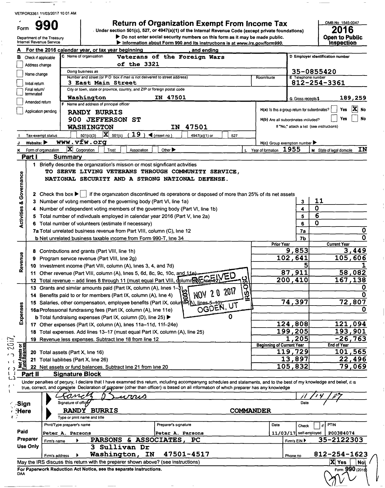 Image of first page of 2016 Form 990O for VFW Department of Indiana - 3321 Vfw-Ind Cissell-Jackson