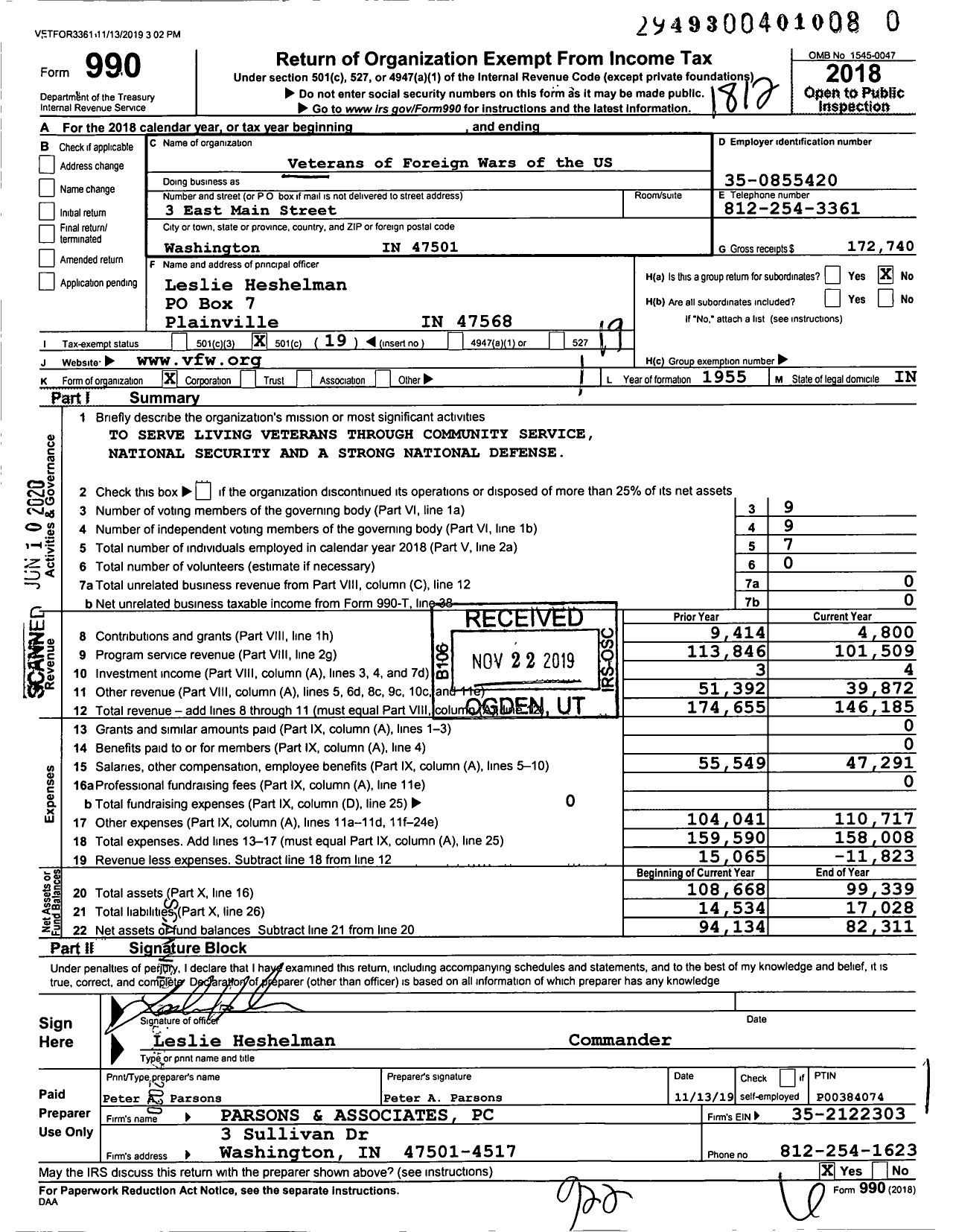 Image of first page of 2018 Form 990O for VFW Department of Indiana - 3321 Vfw-Ind Cissell-Jackson