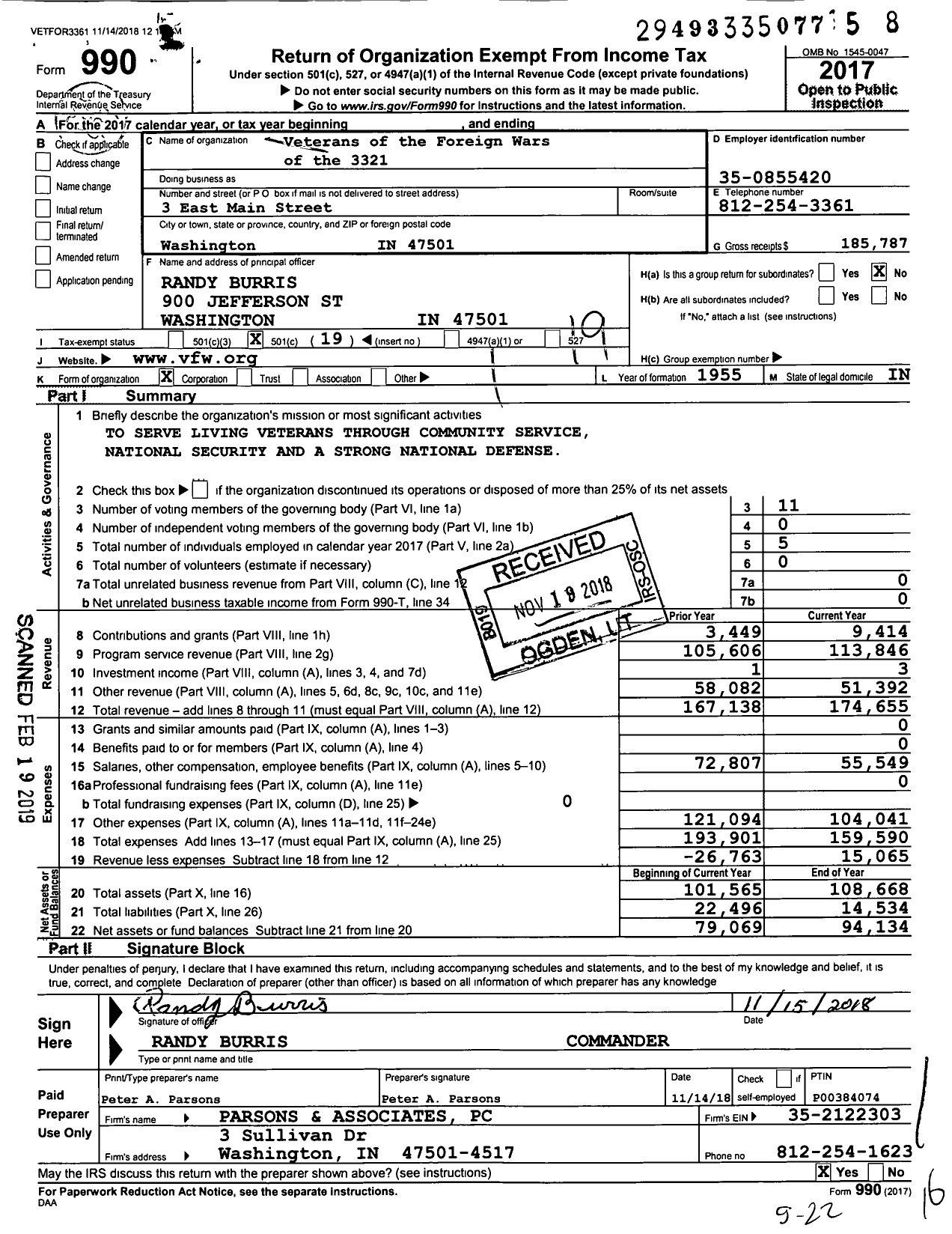 Image of first page of 2017 Form 990O for VFW Department of Indiana - 3321 Vfw-Ind Cissell-Jackson