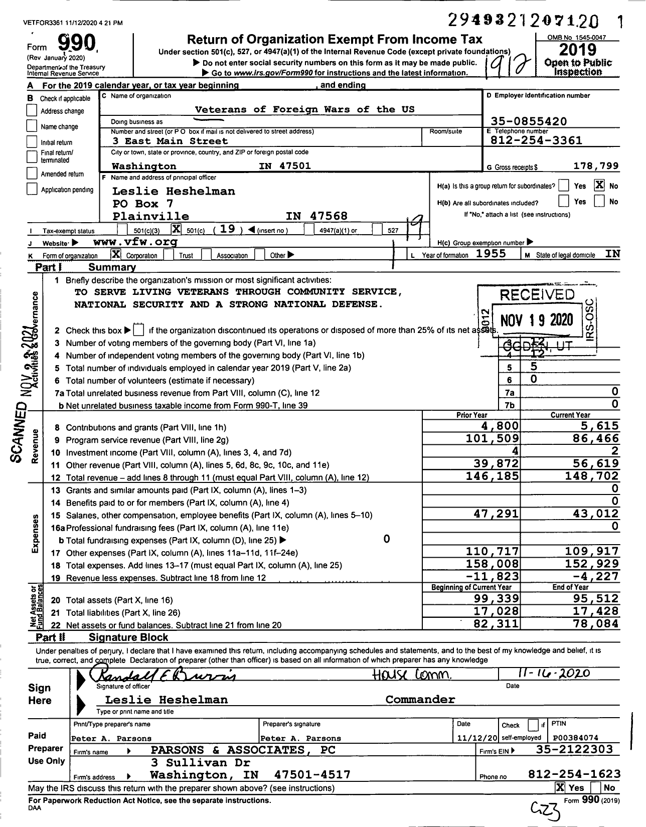 Image of first page of 2019 Form 990O for VFW Department of Indiana - 3321 Vfw-Ind Cissell-Jackson