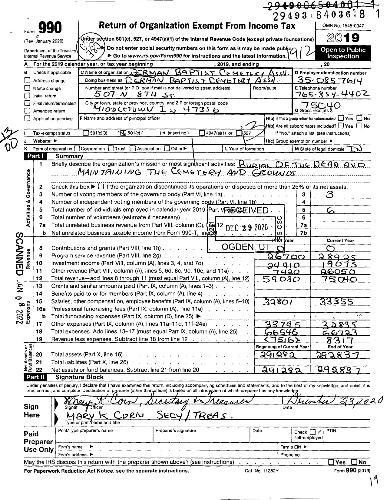 Image of first page of 2019 Form 990O for German Baptist Cemetery Association
