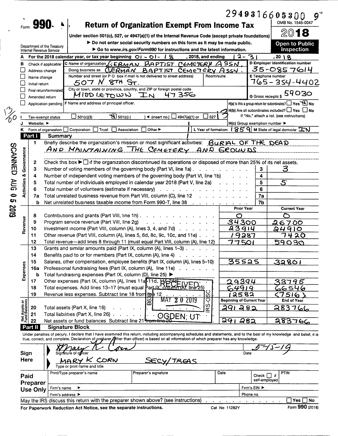 Image of first page of 2018 Form 990O for German Baptist Cemetery Association