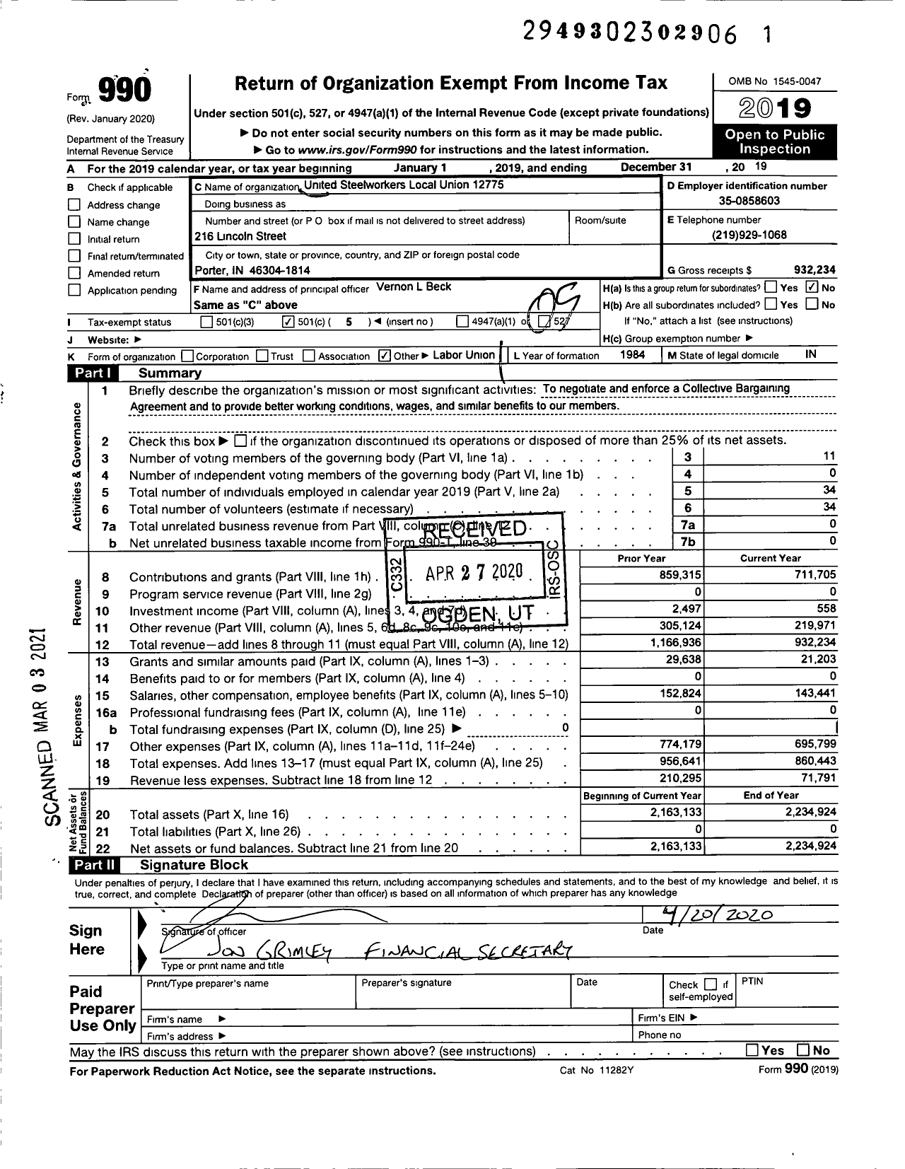 Image of first page of 2019 Form 990O for United Steelworkers - 12775 Local