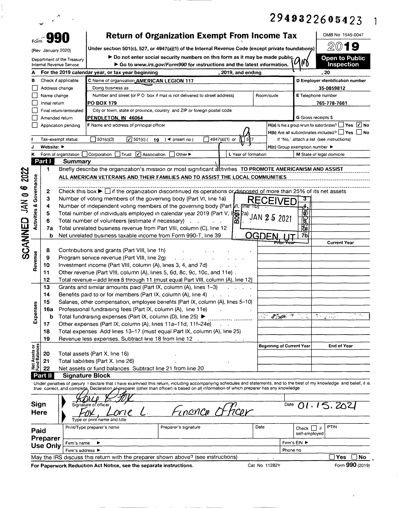 Image of first page of 2019 Form 990O for American Legion 117