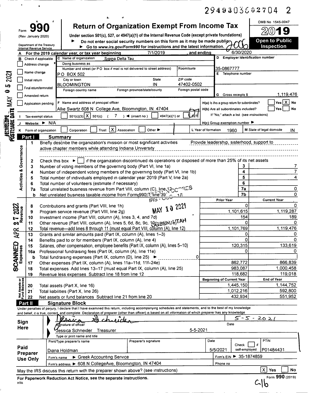 Image of first page of 2019 Form 990O for Sigma Delta Tau / Upsilon Chapter