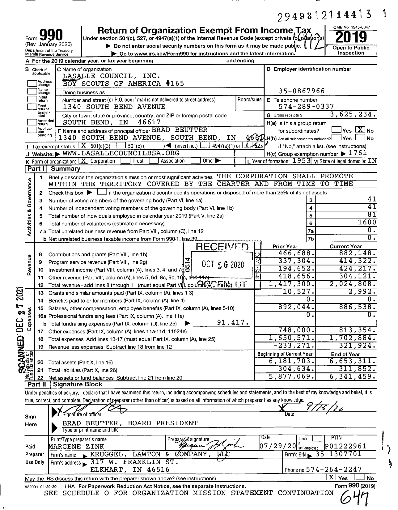 Image of first page of 2019 Form 990 for Boy Scouts of America - 165 La Salle Council