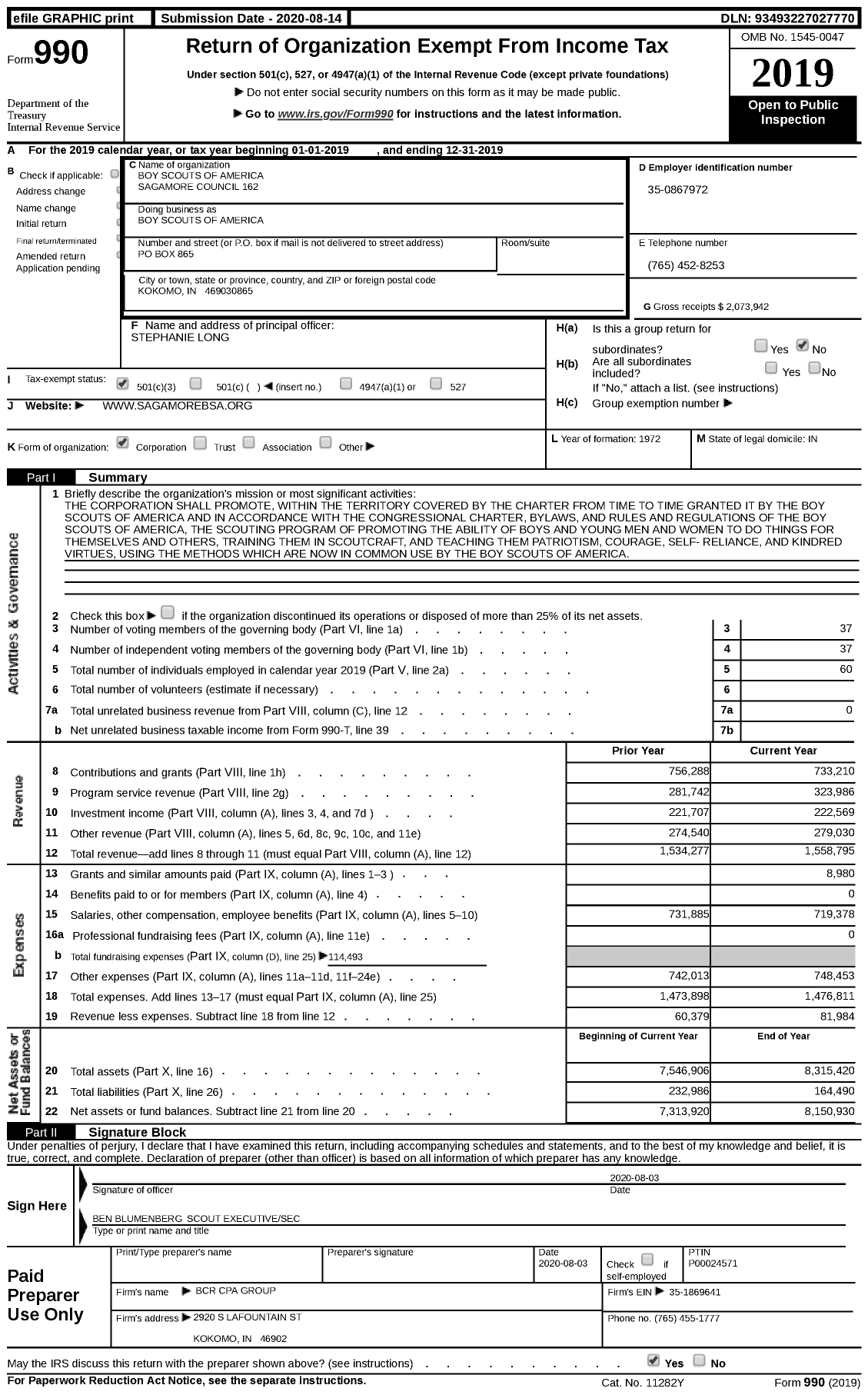 Image of first page of 2019 Form 990 for Boy Scouts of America - Boy Scouts of America / Sagamore Council Boy Scouts of America