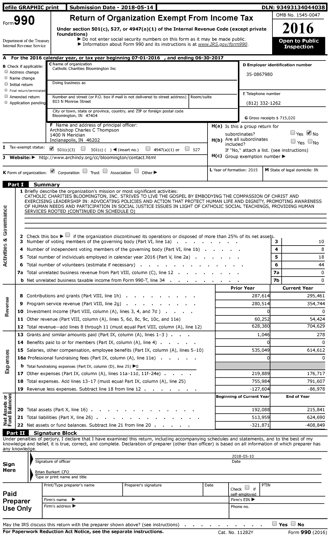 Image of first page of 2016 Form 990 for Catholic Charities Bloomington