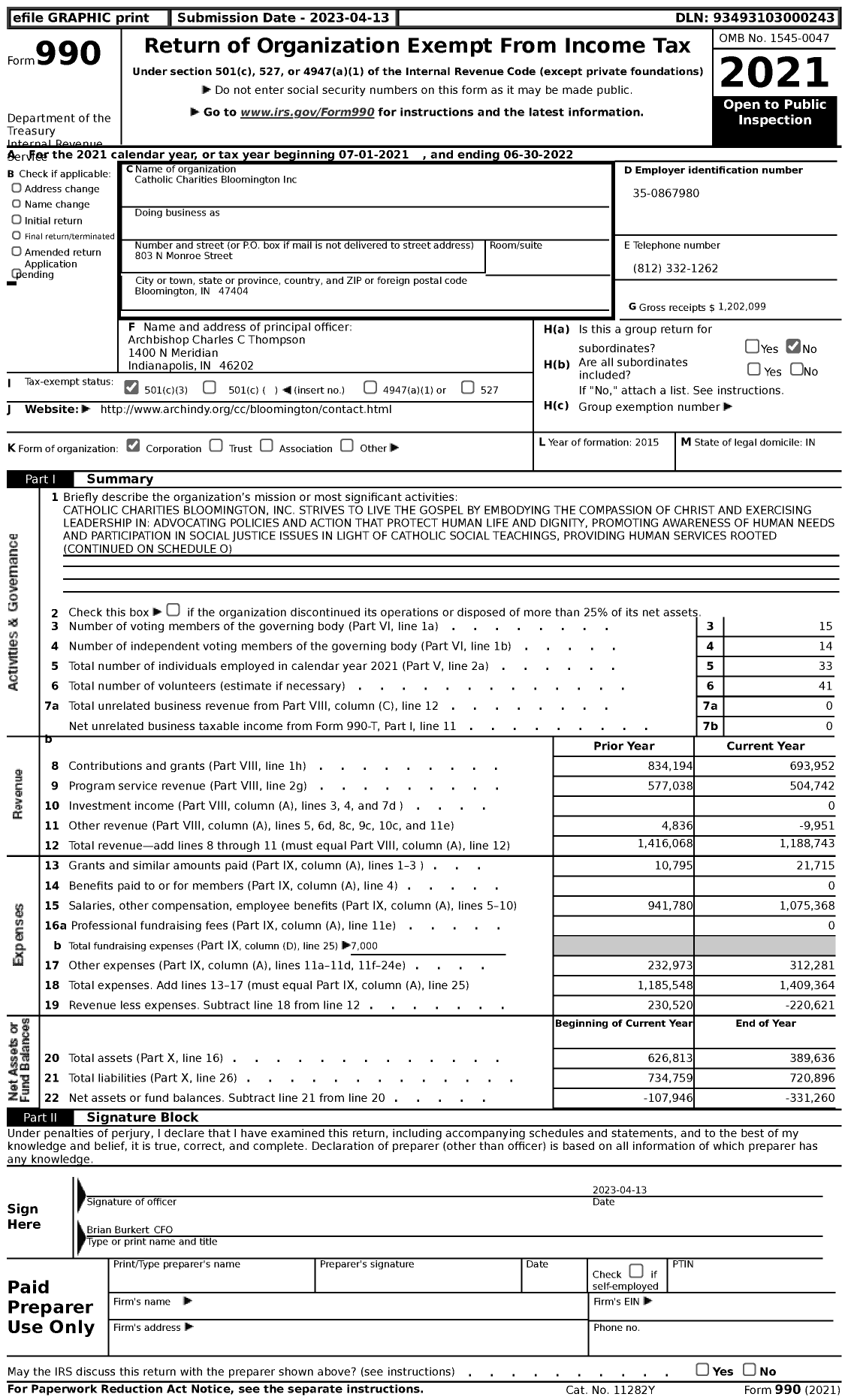 Image of first page of 2021 Form 990 for Catholic Charities Bloomington