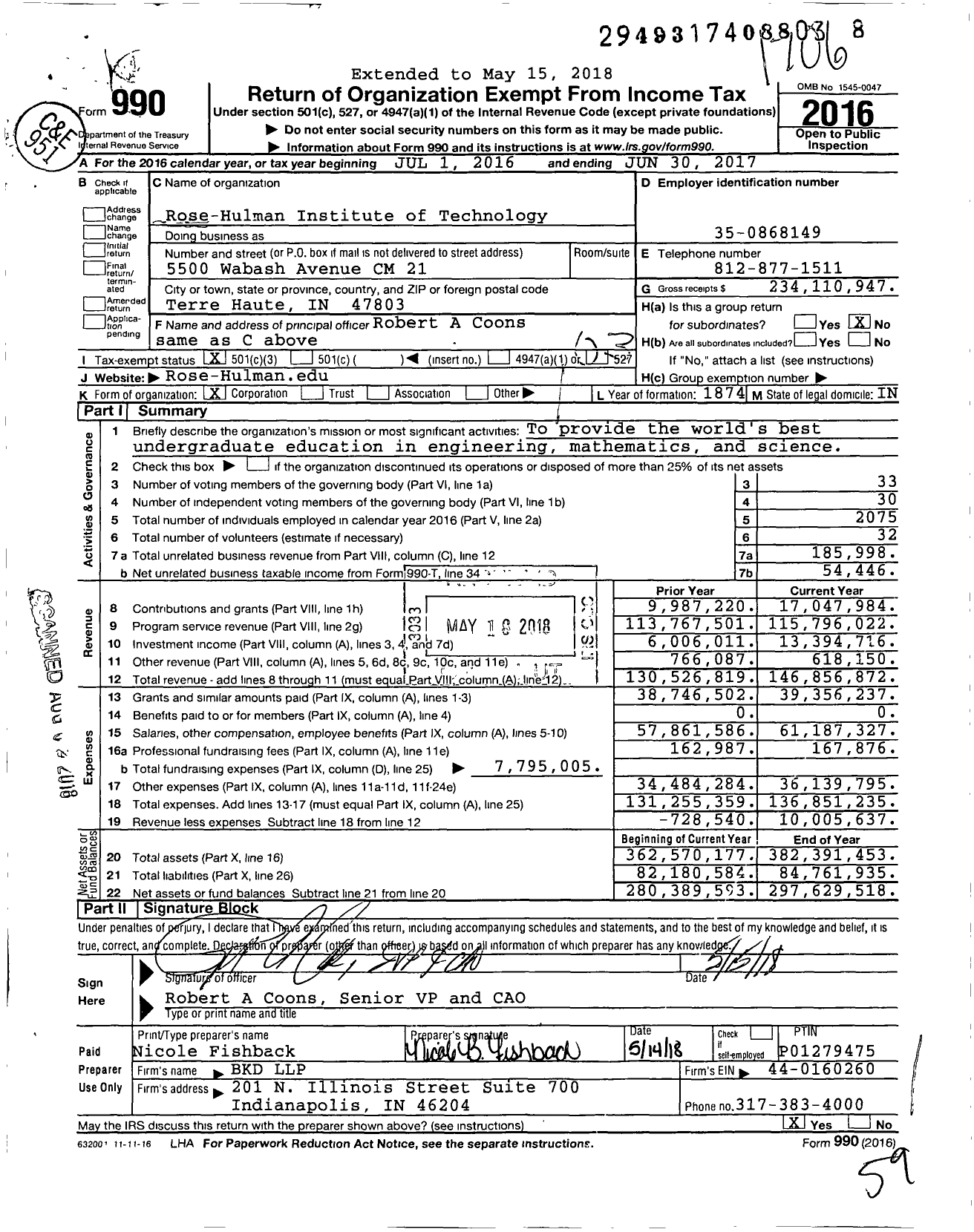 Image of first page of 2016 Form 990 for Rose-Hulman Institute of Technology