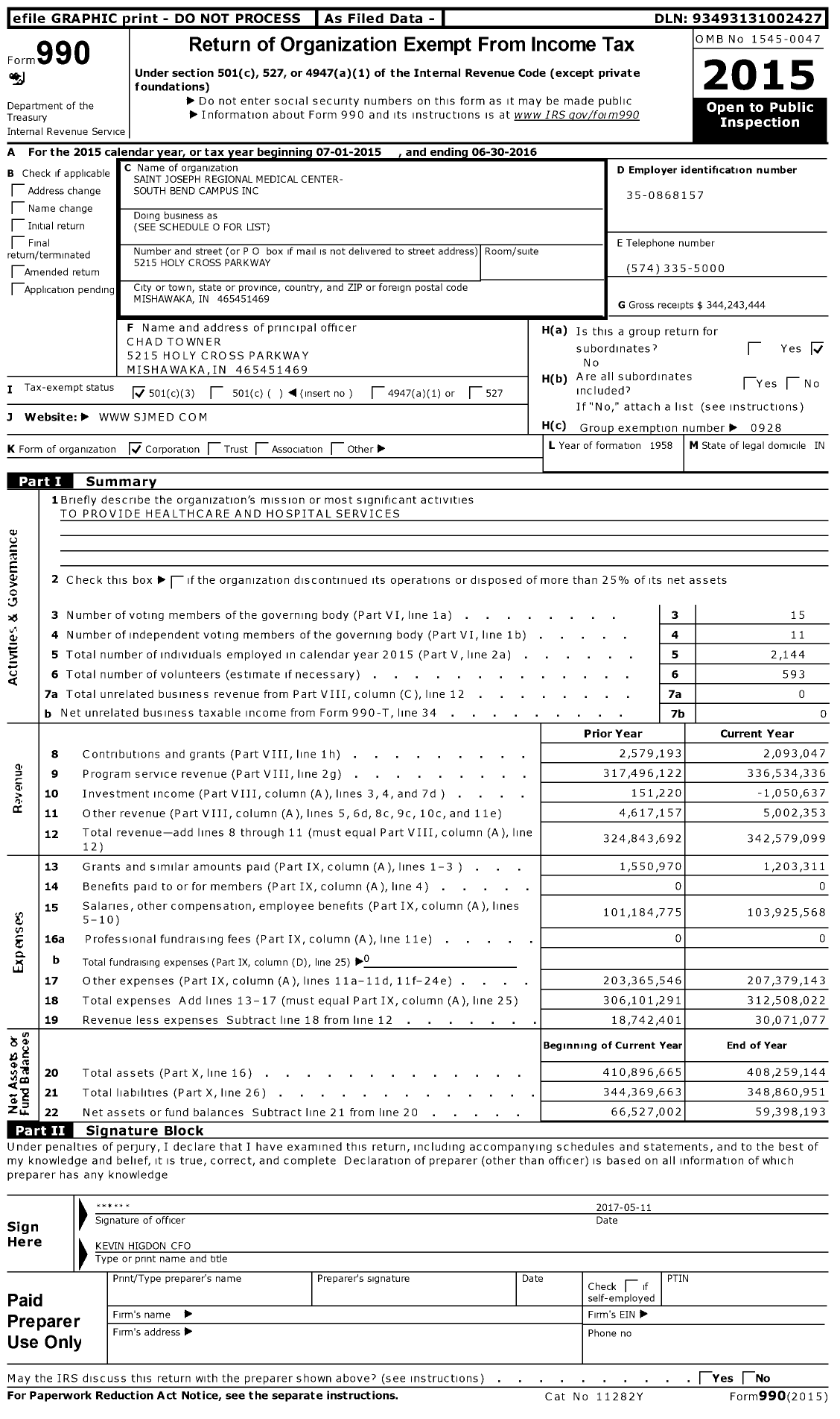 Image of first page of 2015 Form 990 for Saint Joseph Regional Medical Center- South Bend Campus