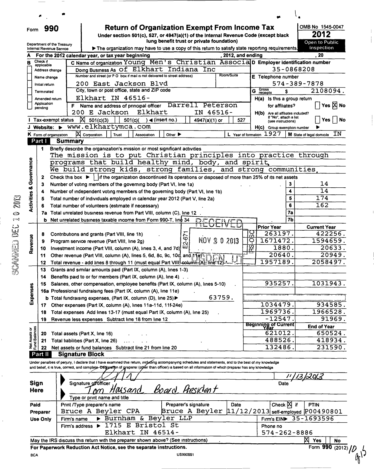 Image of first page of 2012 Form 990 for Young Mens Christian Associa of Elkhart Indiana