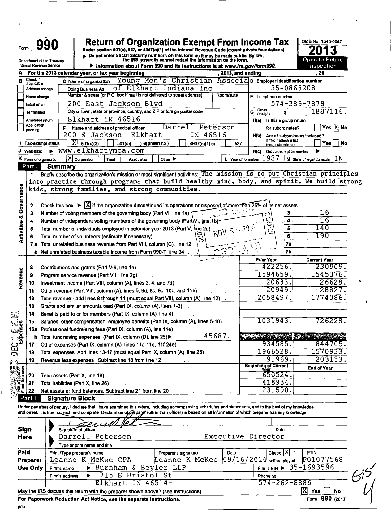 Image of first page of 2013 Form 990 for Young Mens Christian Associa of Elkhart Indiana