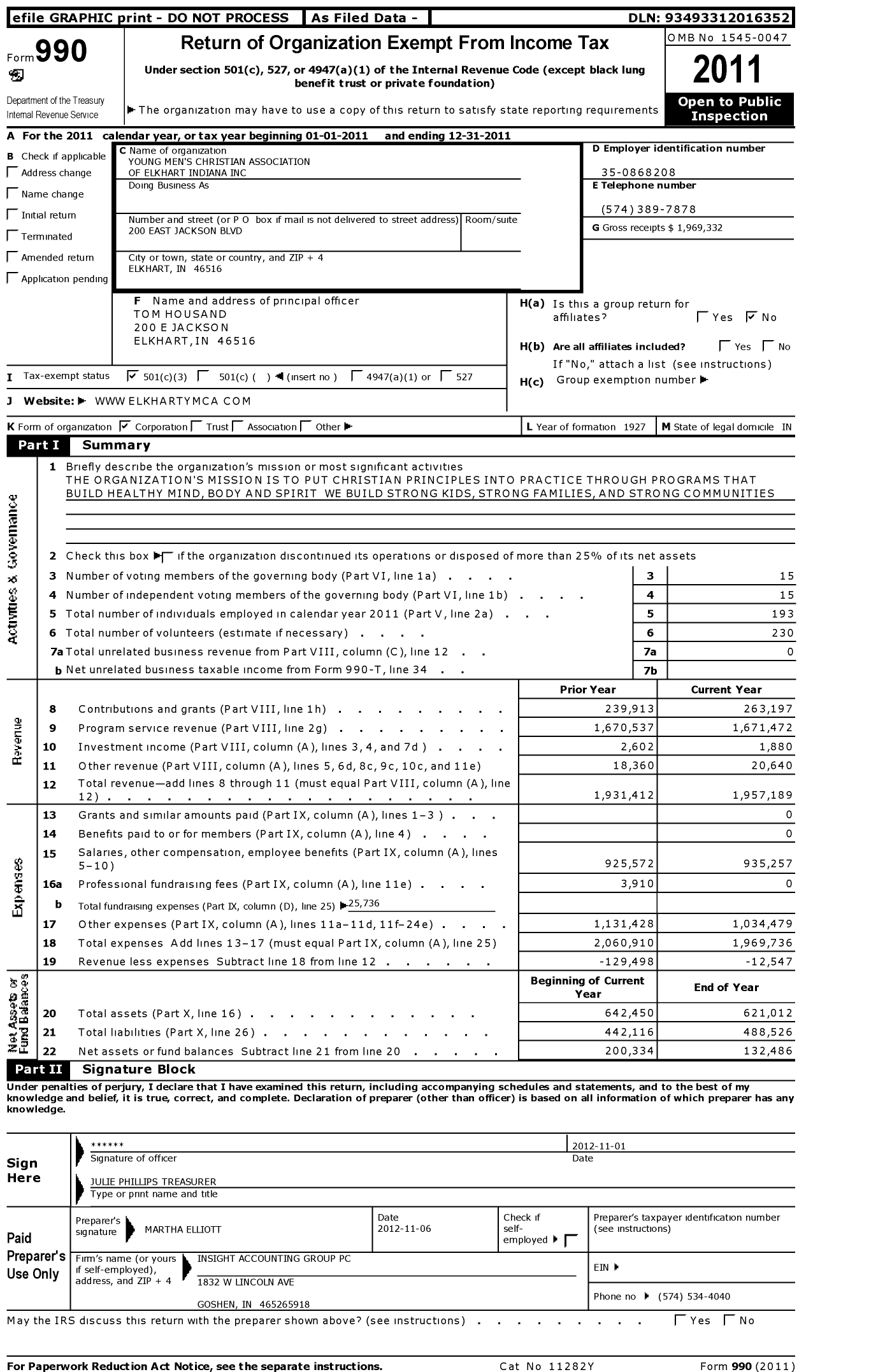 Image of first page of 2011 Form 990 for Young Mens Christian Associa of Elkhart Indiana