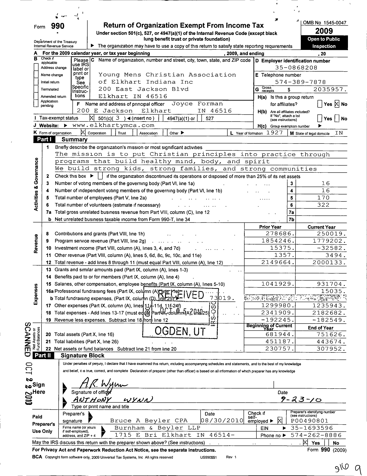 Image of first page of 2009 Form 990 for Young Mens Christian Associa of Elkhart Indiana