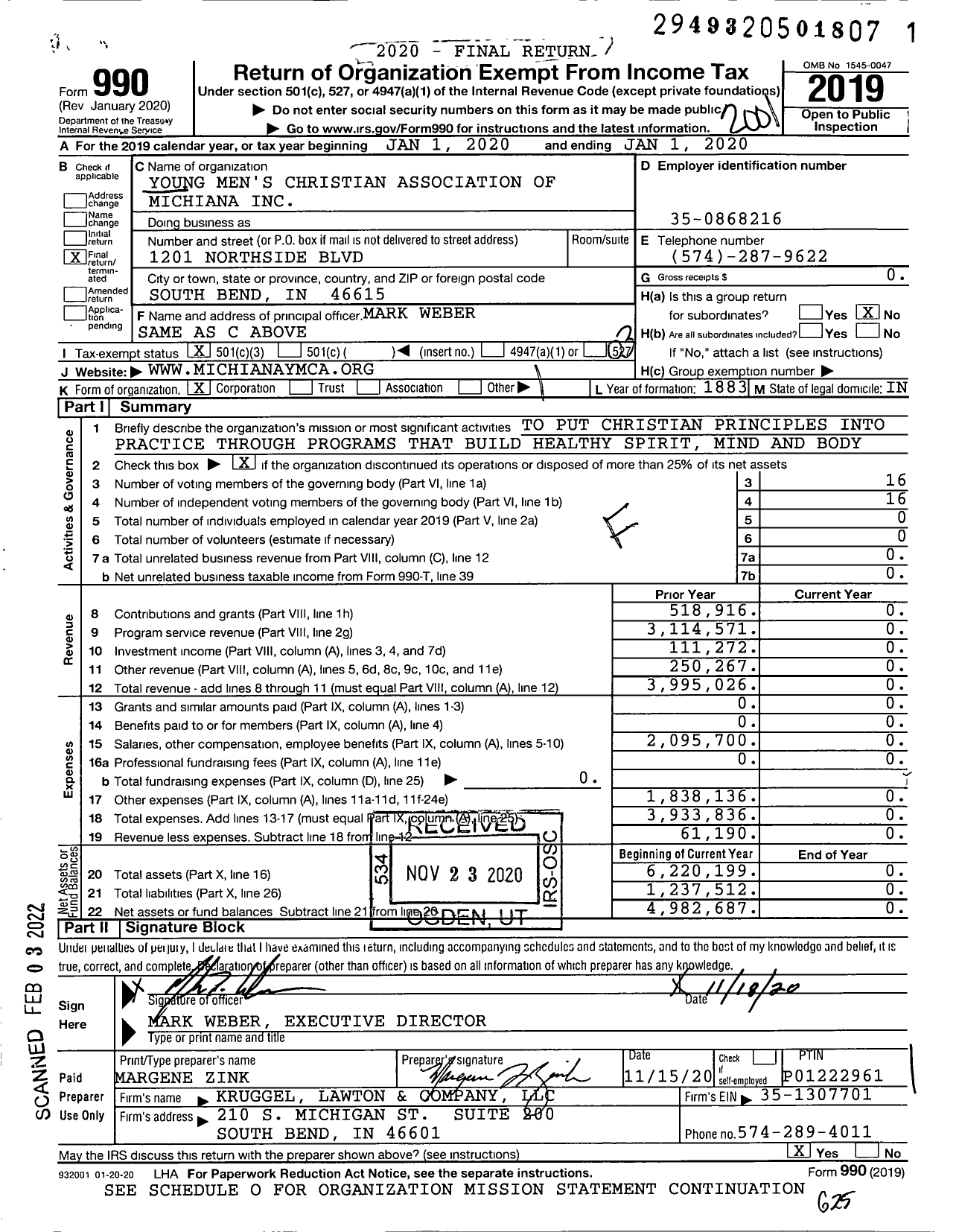 Image of first page of 2019 Form 990 for YMCA of Michiana