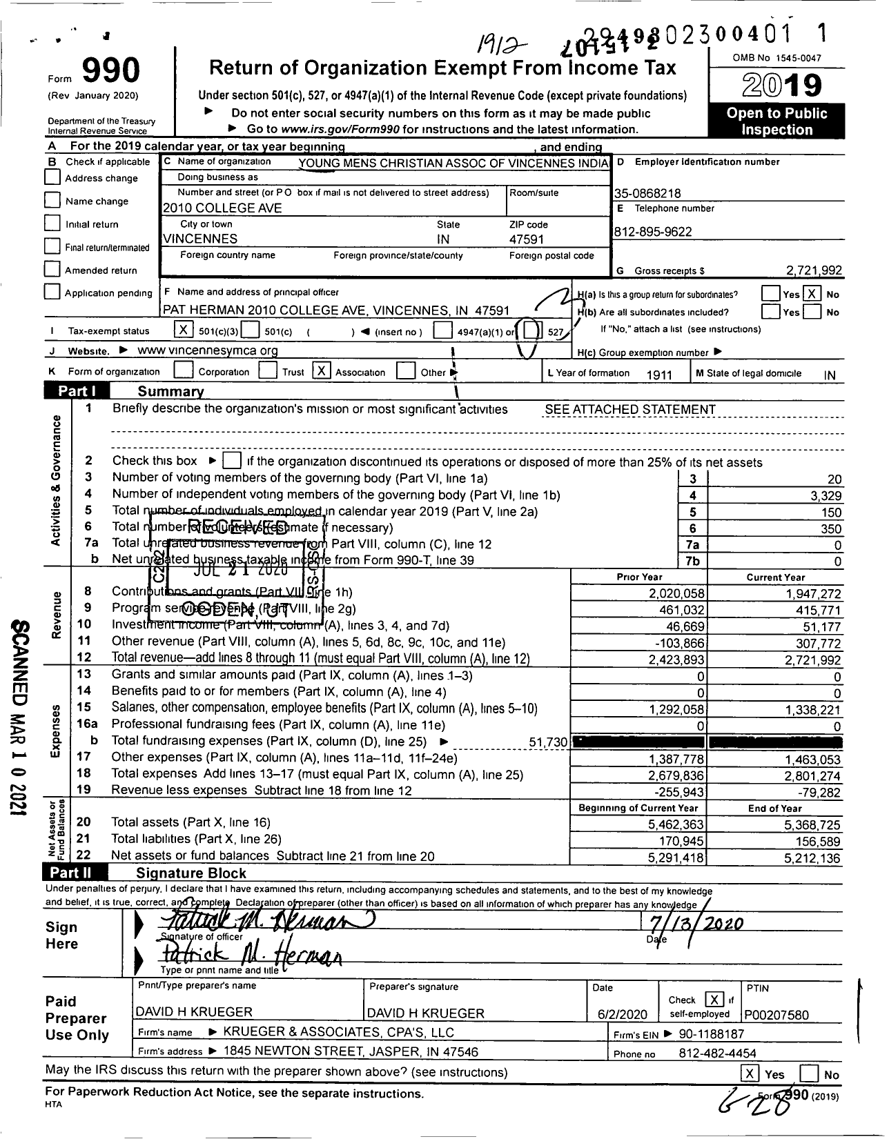 Image of first page of 2019 Form 990 for YMCA of Vincennes