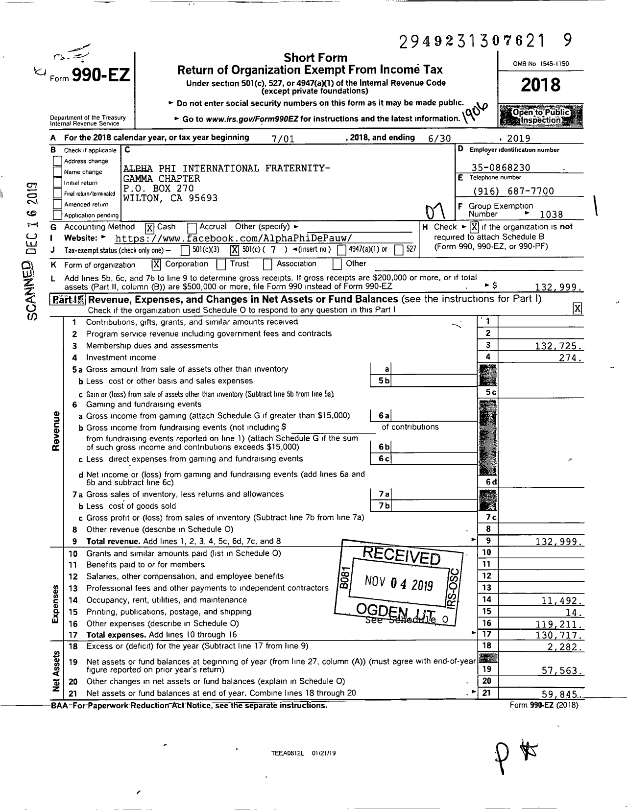 Image of first page of 2018 Form 990EO for Alpha Phi - Gamma Chapter Depauw University