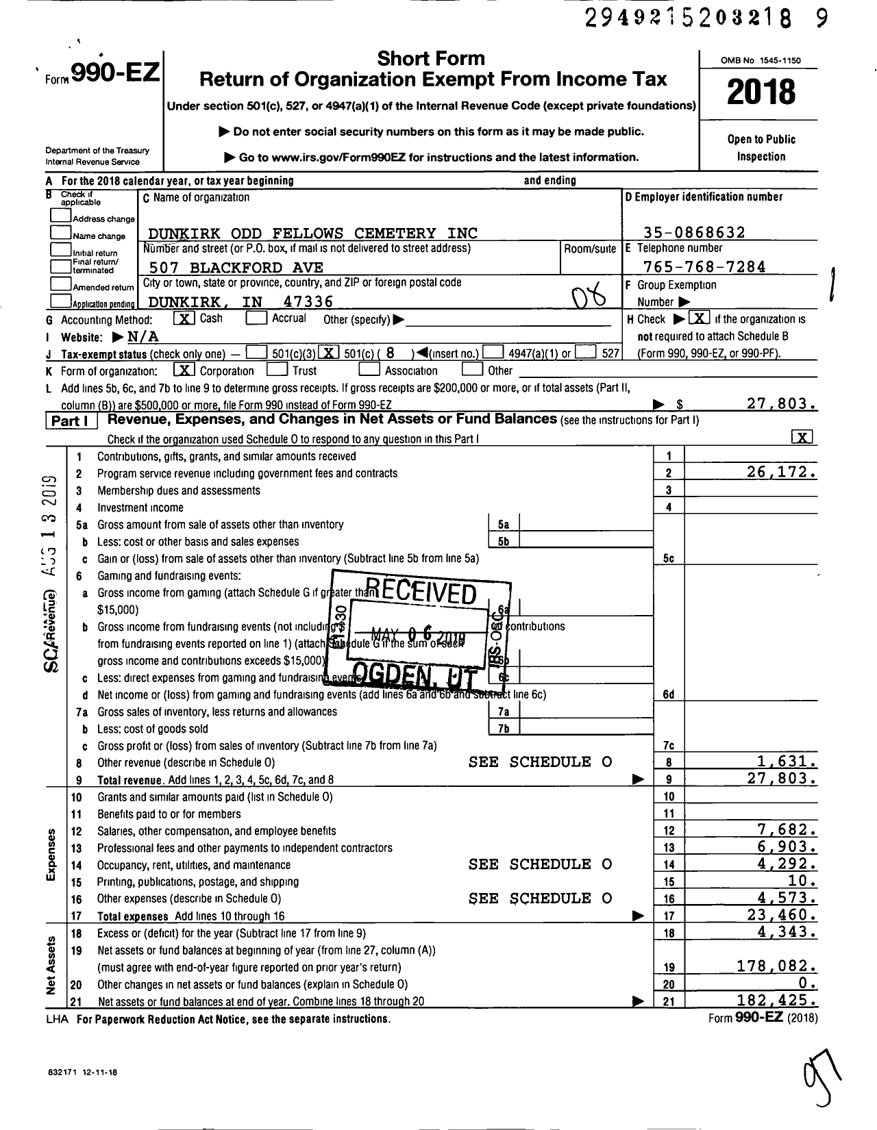 Image of first page of 2018 Form 990EO for Dunkirk Odd Fellows Cemetery