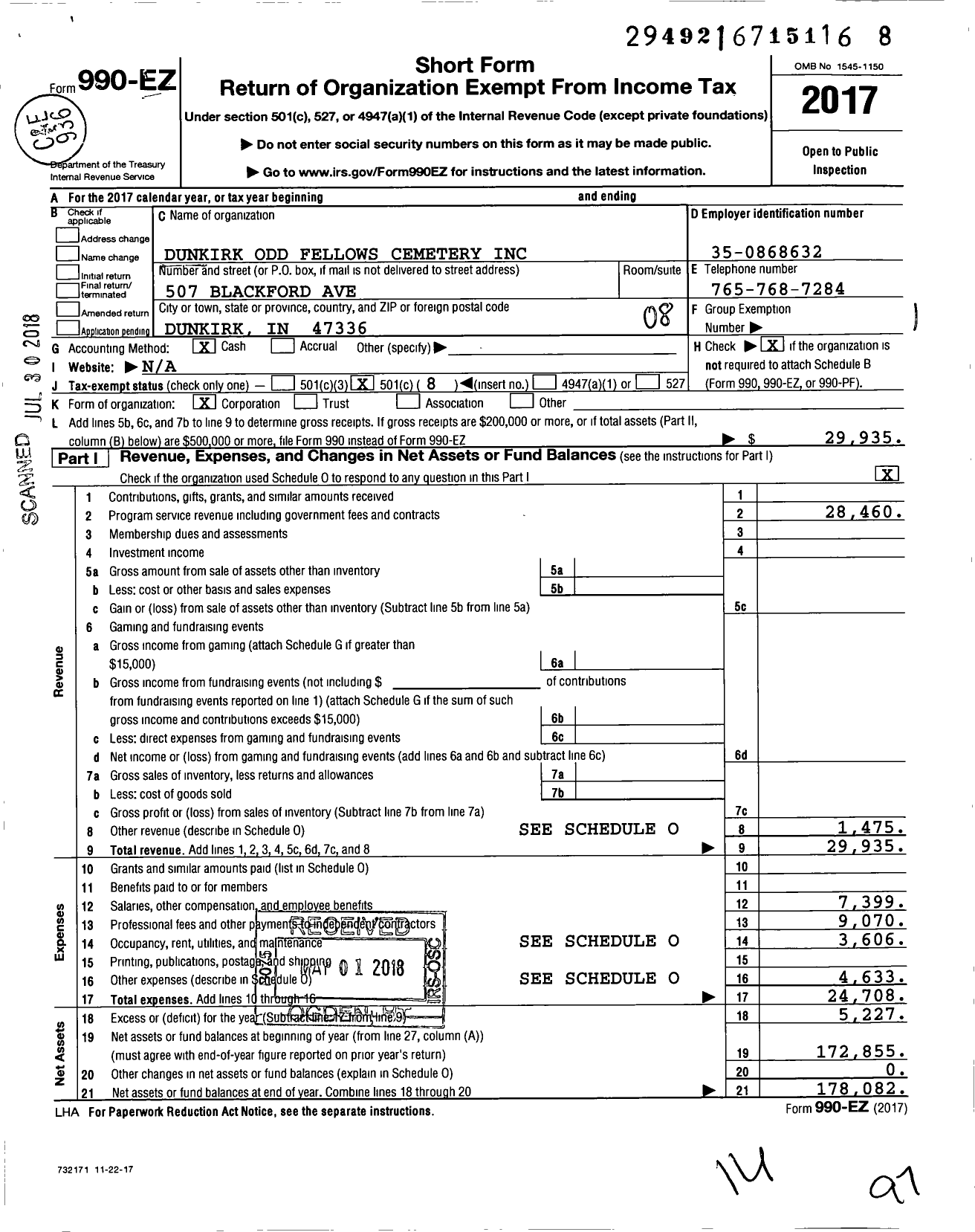 Image of first page of 2017 Form 990EO for Dunkirk Odd Fellows Cemetery