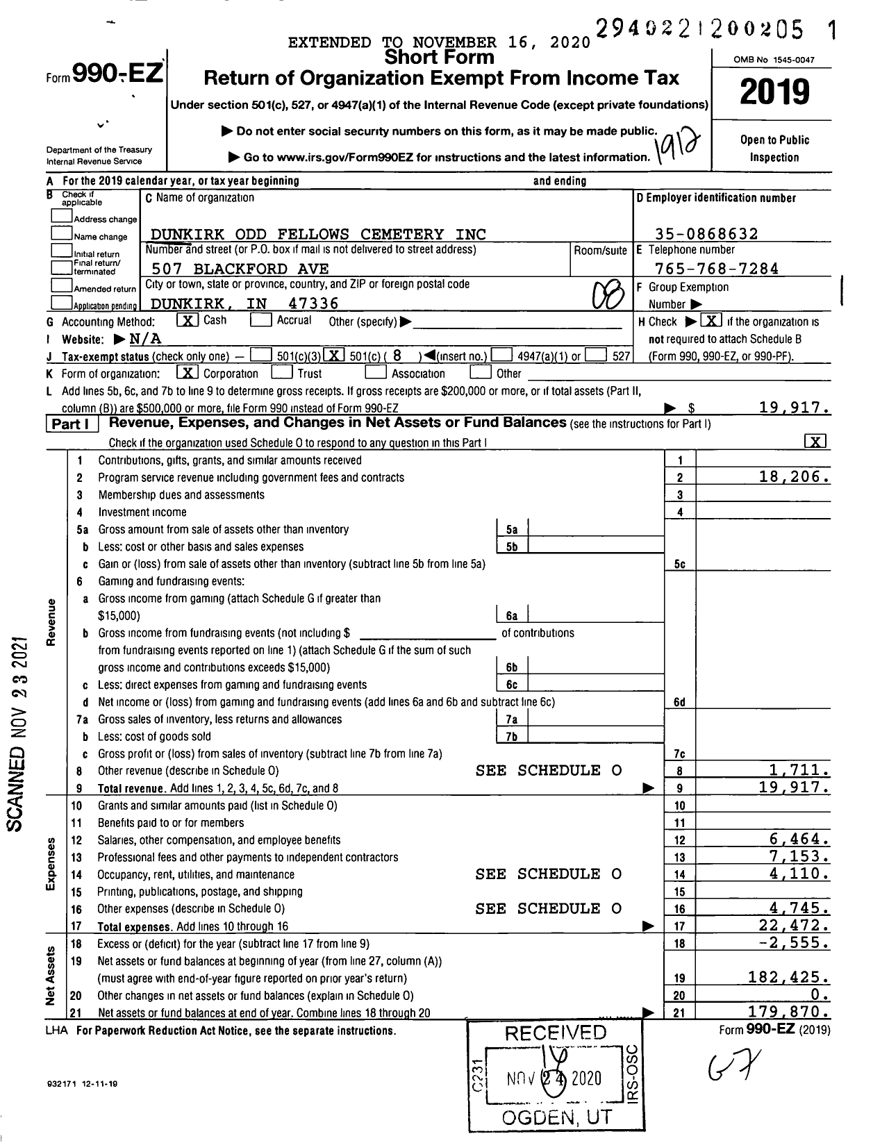 Image of first page of 2019 Form 990EO for Dunkirk Odd Fellows Cemetery