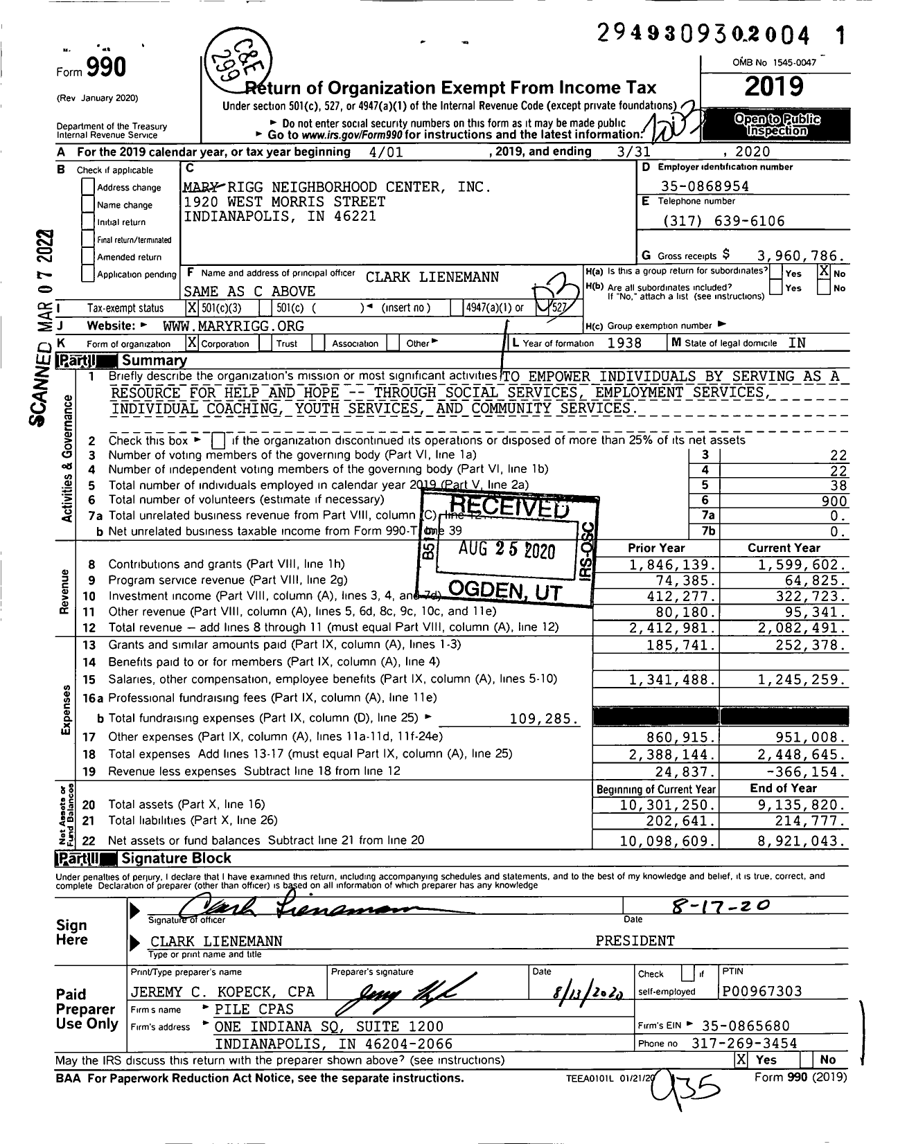 Image of first page of 2019 Form 990 for Mary Rigg Neighborhood Center