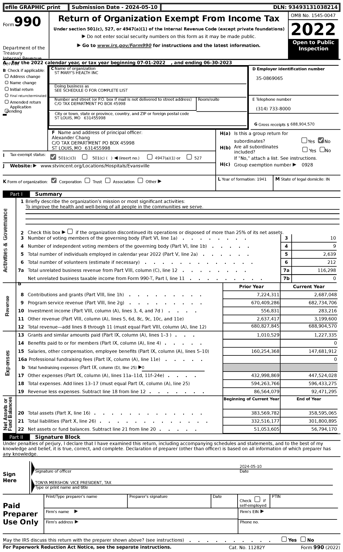 Image of first page of 2022 Form 990 for St Mary's Health / Ascension