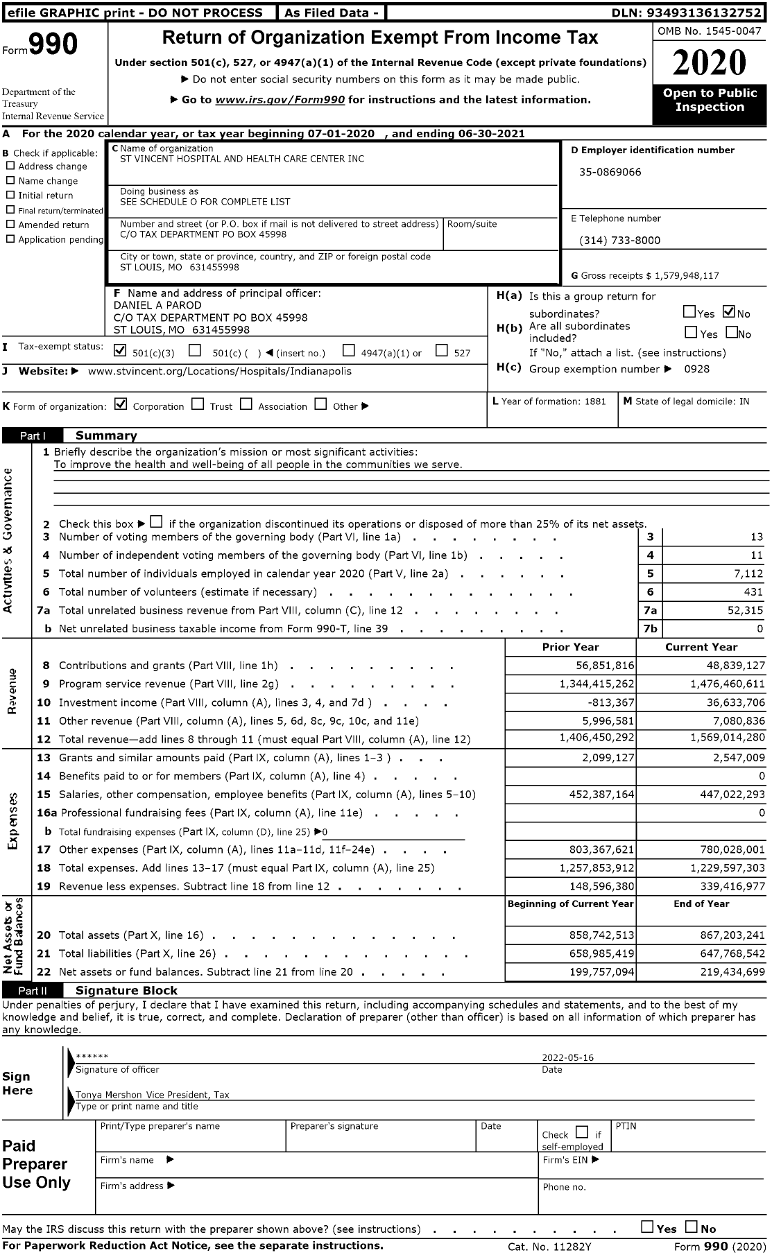 Image of first page of 2020 Form 990 for St Vincent Hospital and Health Care Center