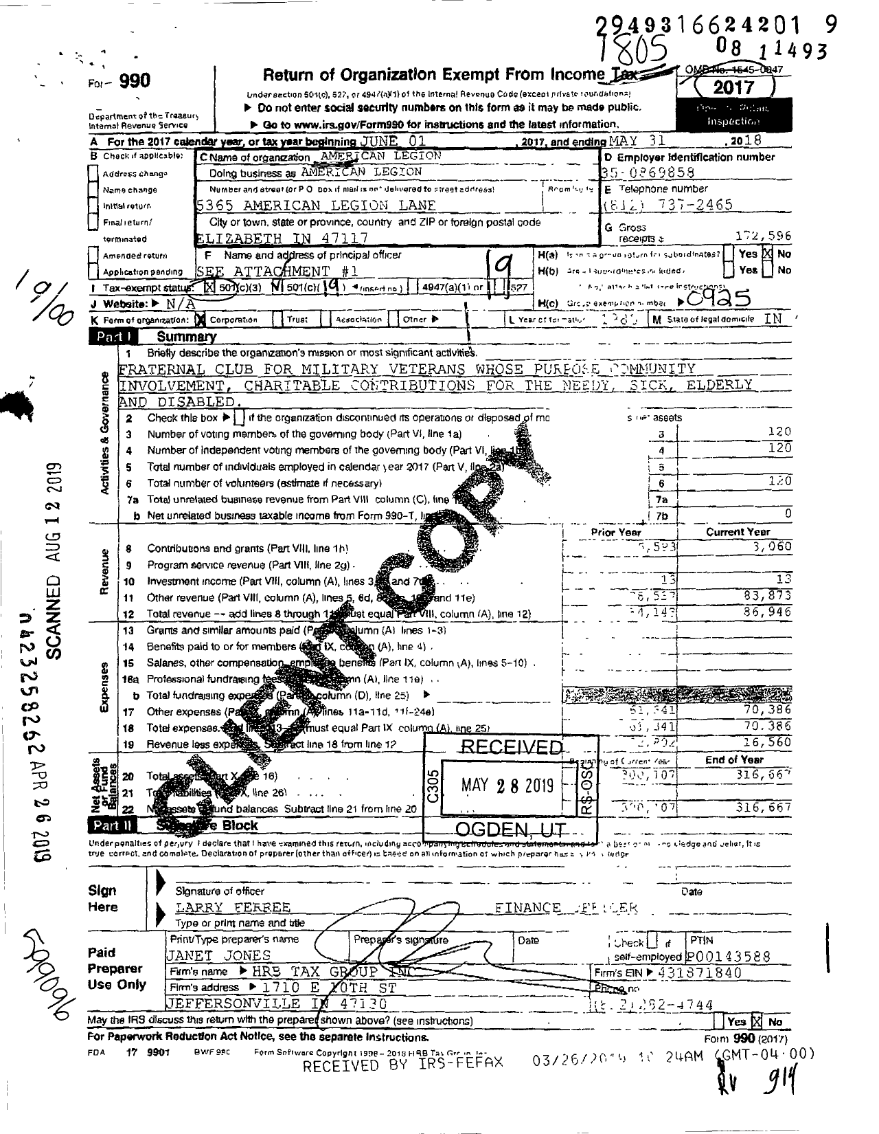 Image of first page of 2017 Form 990O for American Legion