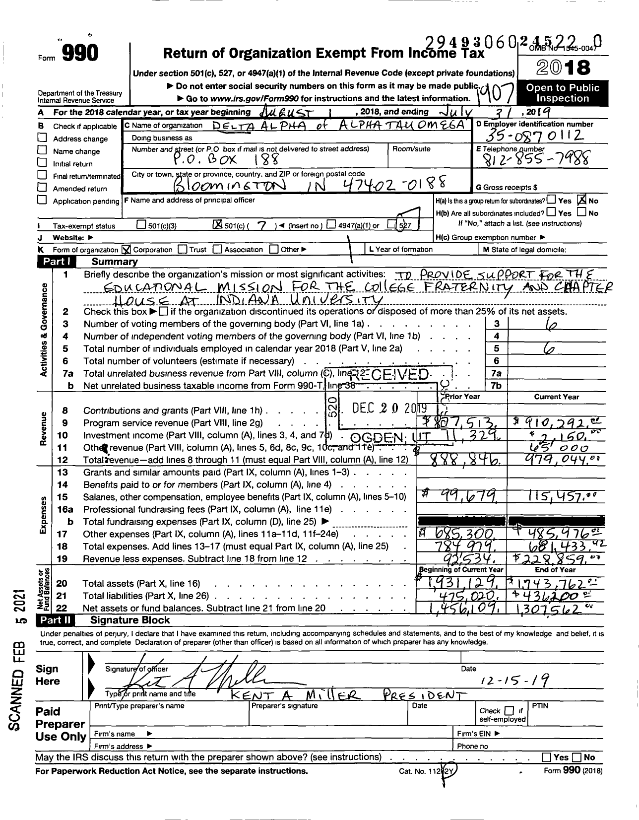 Image of first page of 2018 Form 990O for Alpha Tau Omega - Delta Alpha Chapter Indiana