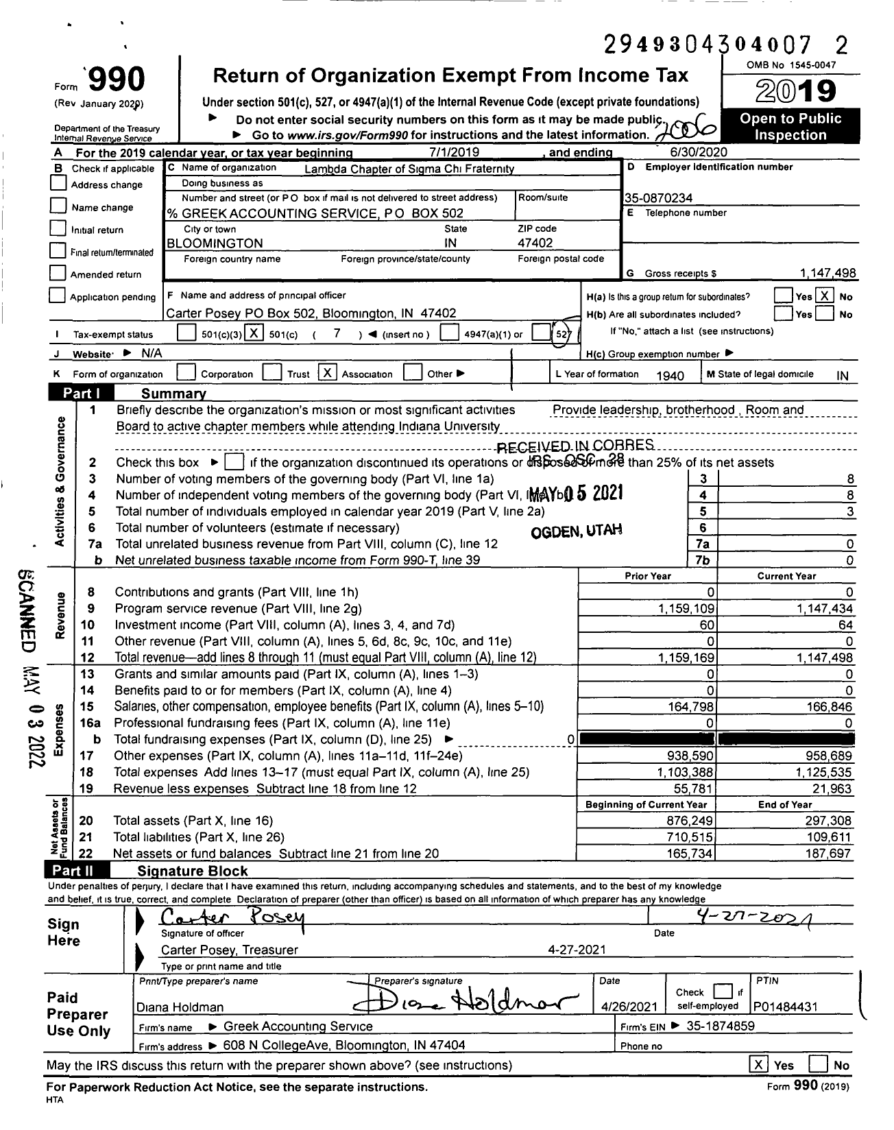 Image of first page of 2019 Form 990O for Sigma Chi Fraternity - Lambda Chapter Indiana Univ