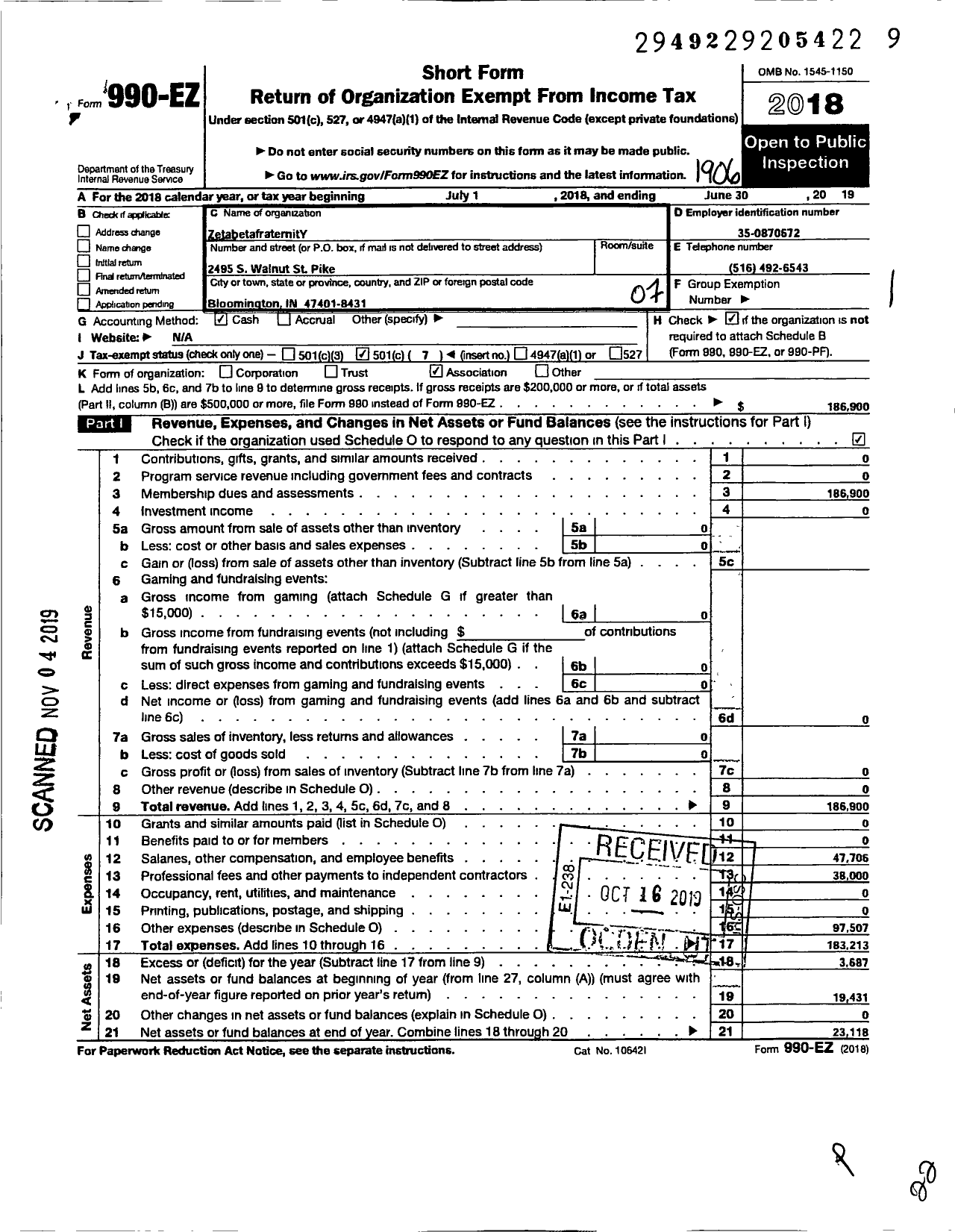 Image of first page of 2018 Form 990EO for Zeta Beta Tau Fraternity / Beta Gamma Chapter