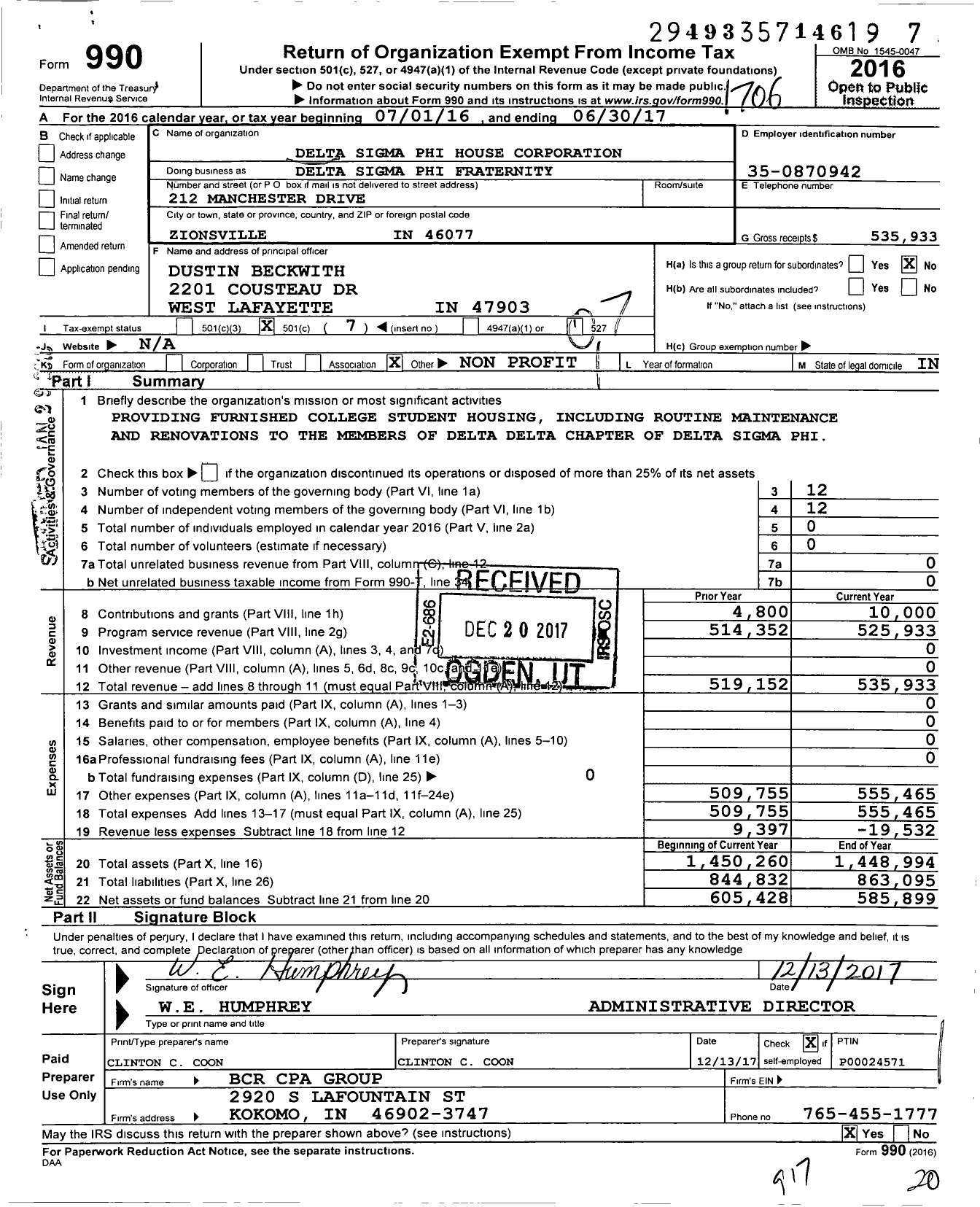 Image of first page of 2016 Form 990O for Delta Sigma Phi Fraternity / Delta Sigma Phi House Corporation