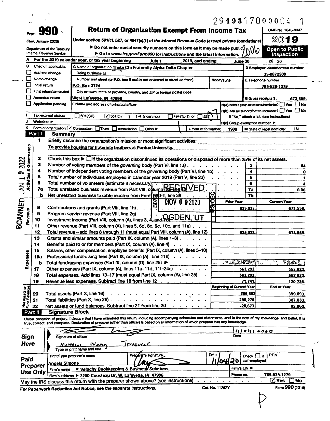 Image of first page of 2019 Form 990O for Theta Chi Fraternity Alpha Delta Chapter