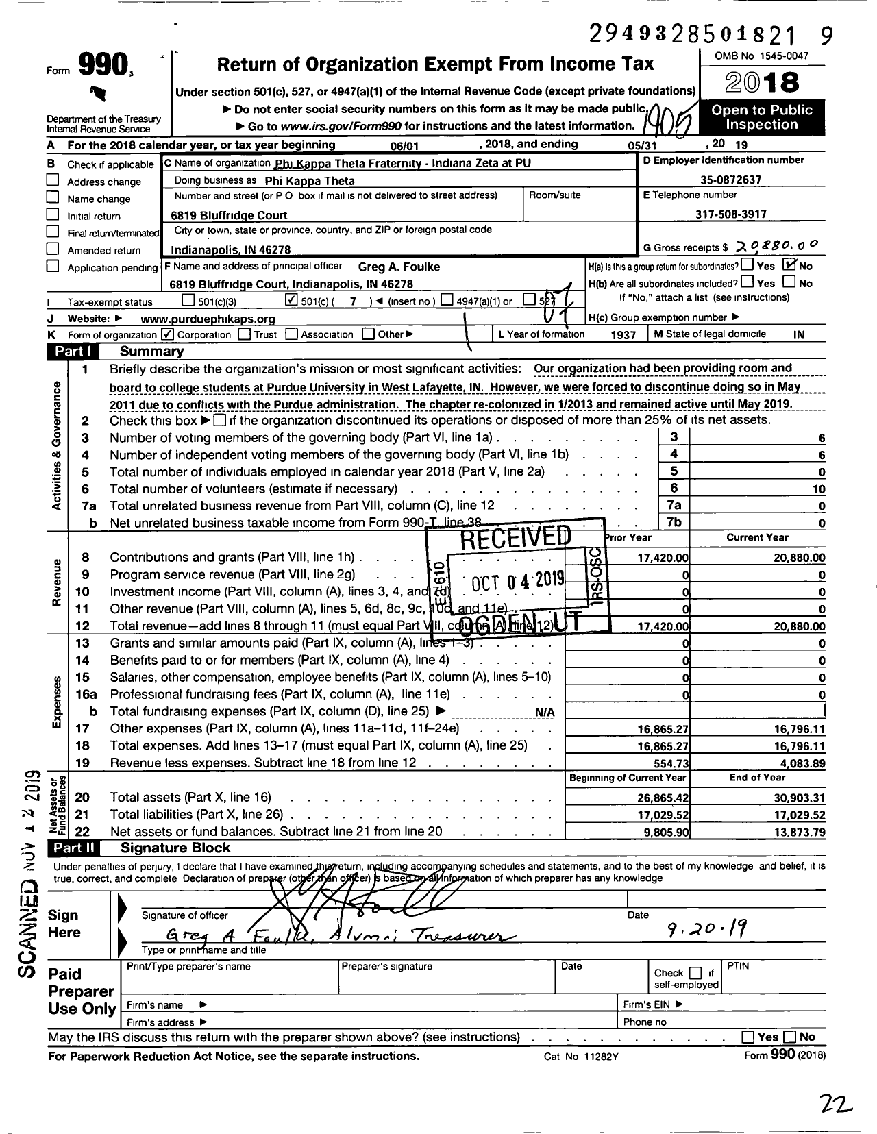 Image of first page of 2018 Form 990O for Phi Kappa Theta Fraternity Indiana Zeta at PU Phi Kappa Theta