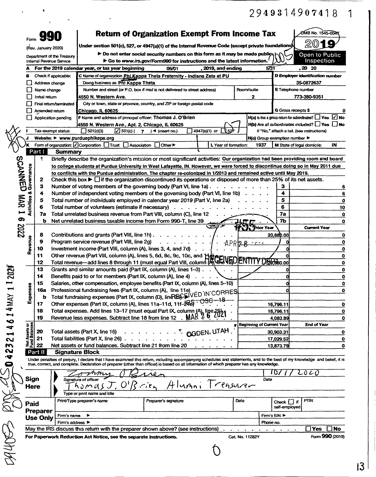 Image of first page of 2019 Form 990O for Phi Kappa Theta Fraternity Indiana Zeta at PU Phi Kappa Theta