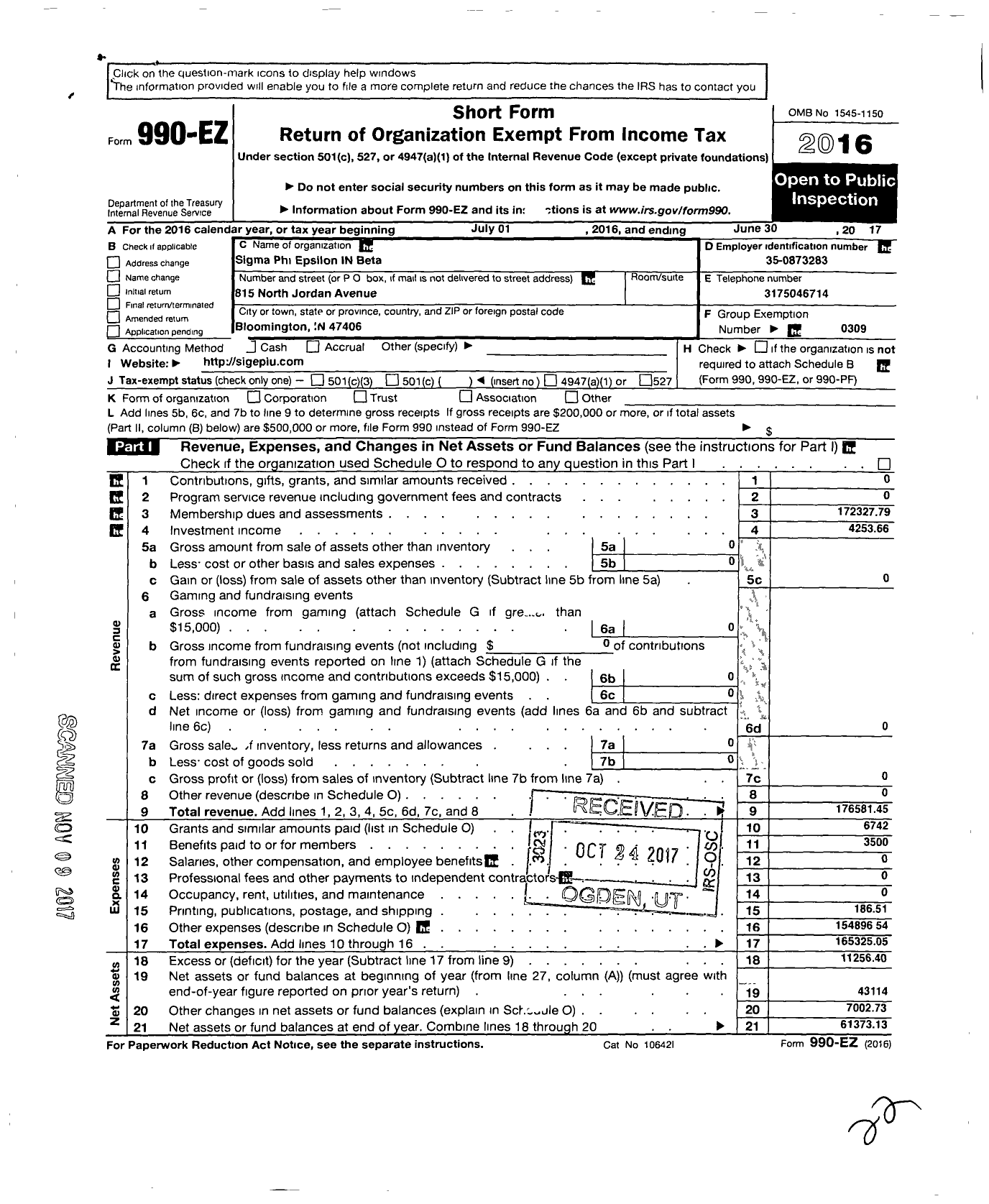 Image of first page of 2016 Form 990EO for Sigma Phi Epsilon - Indiana Beta