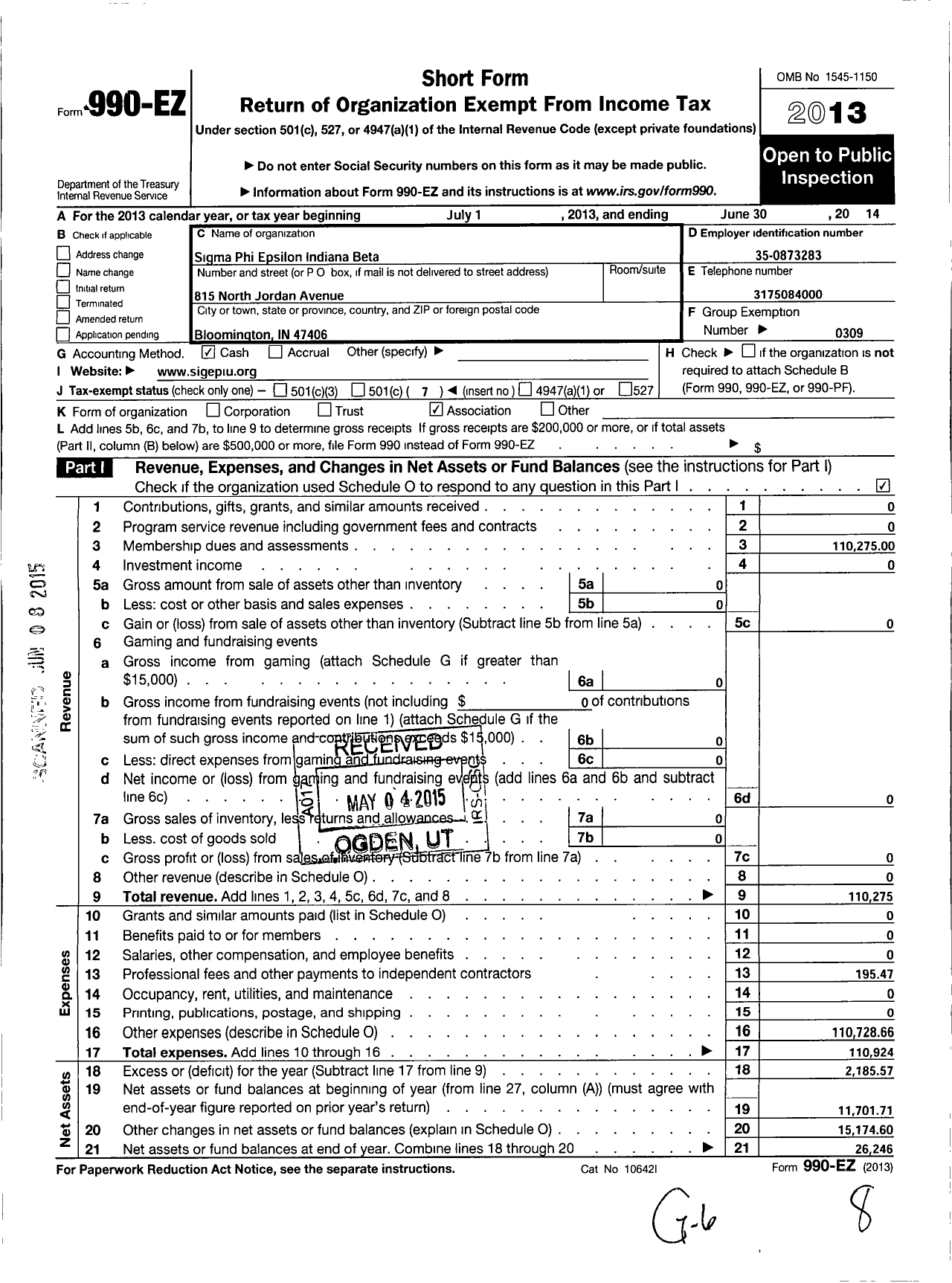 Image of first page of 2013 Form 990EO for Sigma Phi Epsilon - Indiana Beta