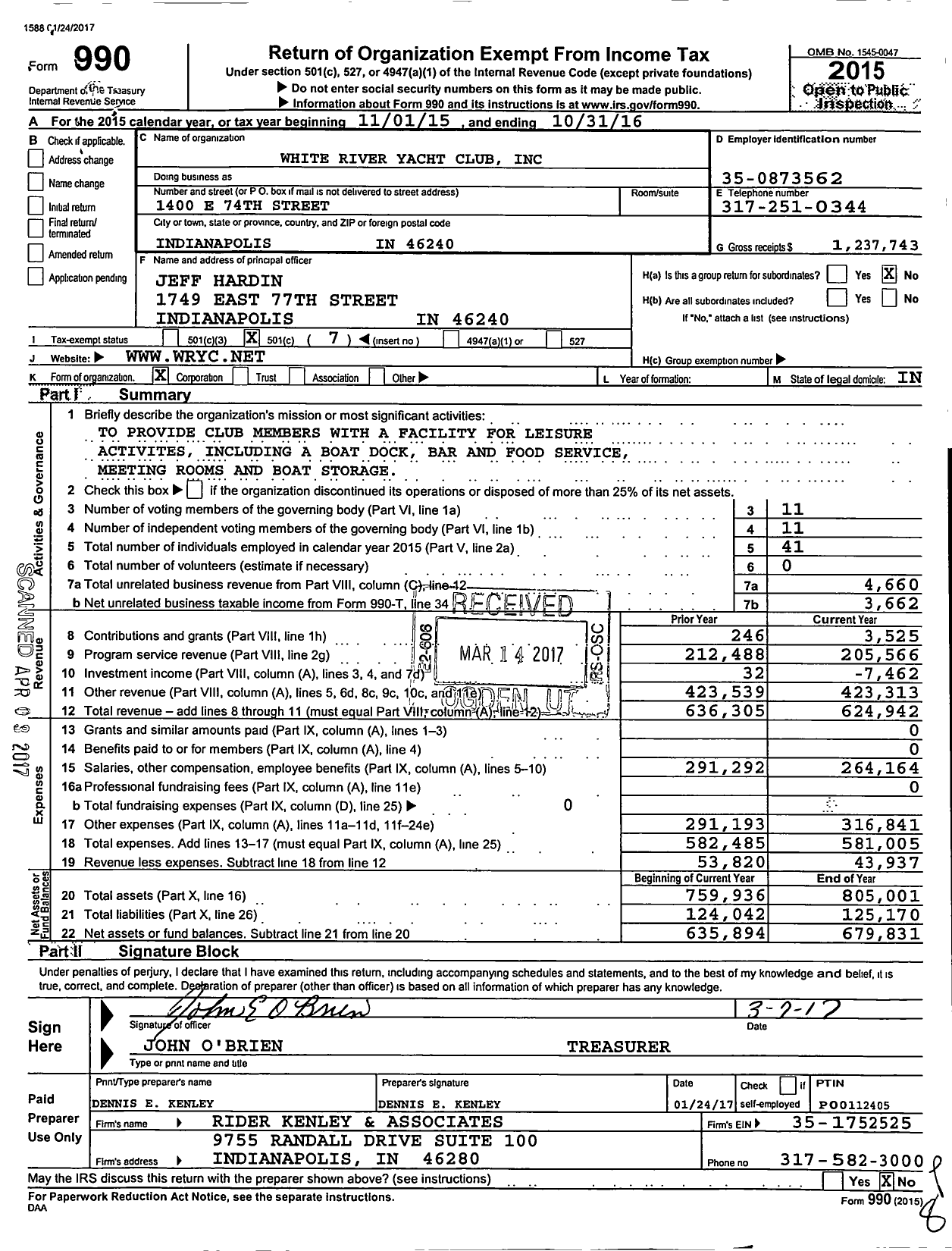 Image of first page of 2015 Form 990O for White River Yacht Club