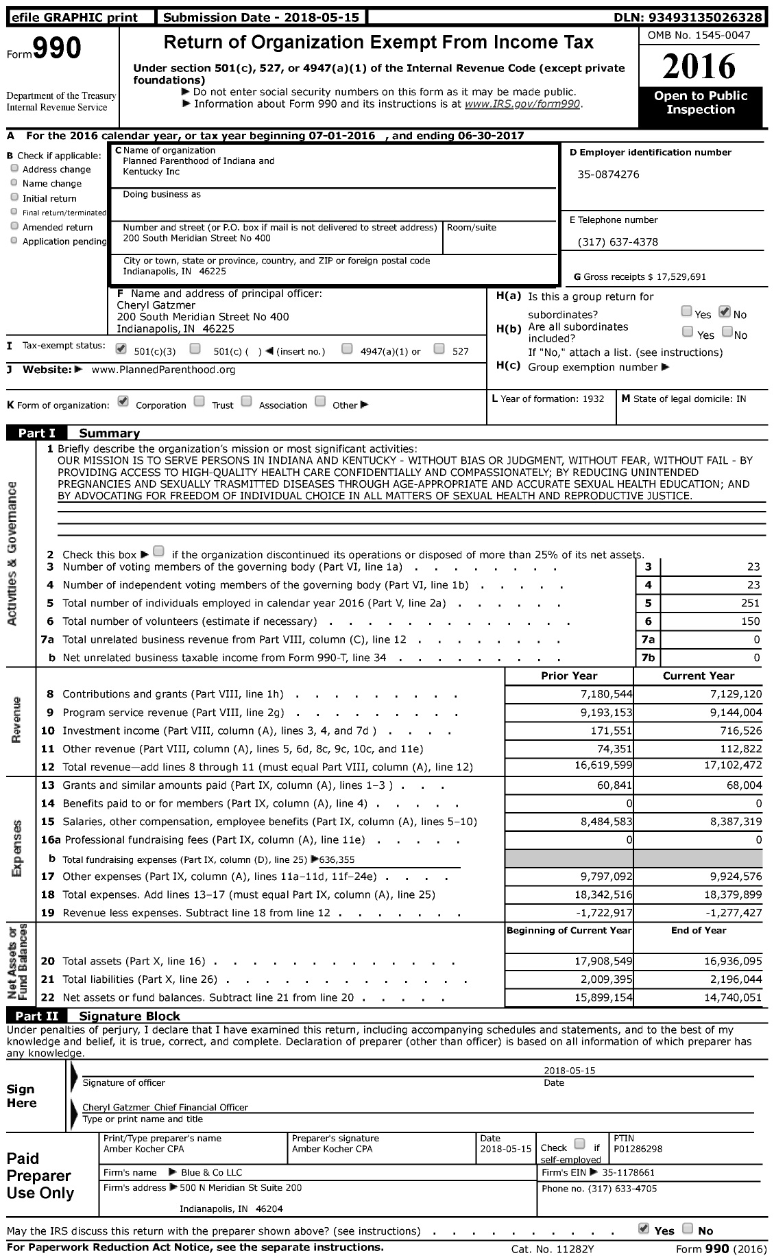 Image of first page of 2016 Form 990 for Planned Parenthood of Indiana and Kentucky (PPINK)