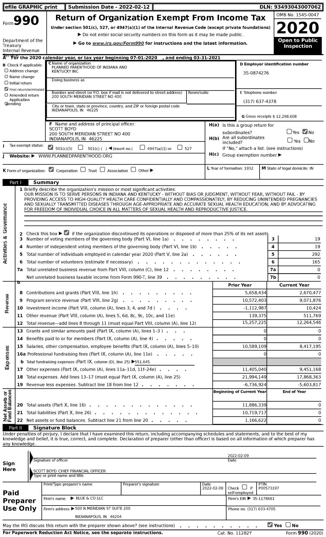 Image of first page of 2020 Form 990 for Planned Parenthood of Indiana and Kentucky (PPINK)