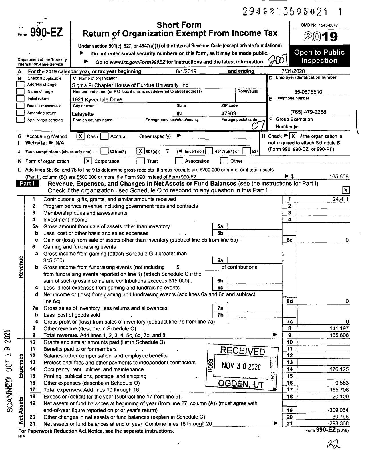 Image of first page of 2019 Form 990EO for Sigma Pi Chapter House of Purdue University